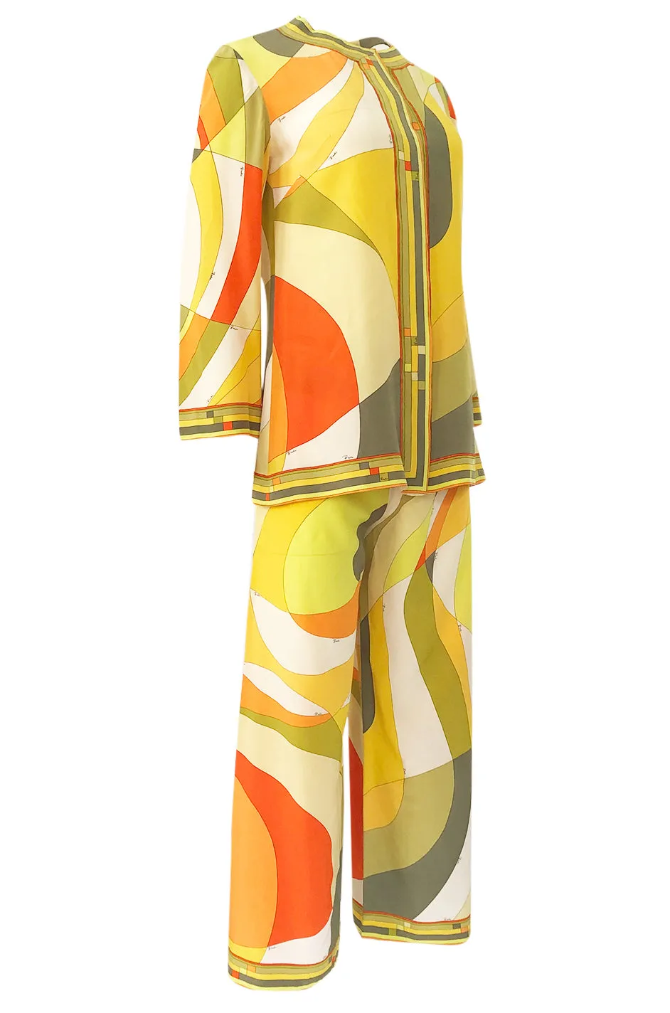 1960s Emilio Pucci Citrus Colors Silk Button Tunic Top  & Cropped Pant Set