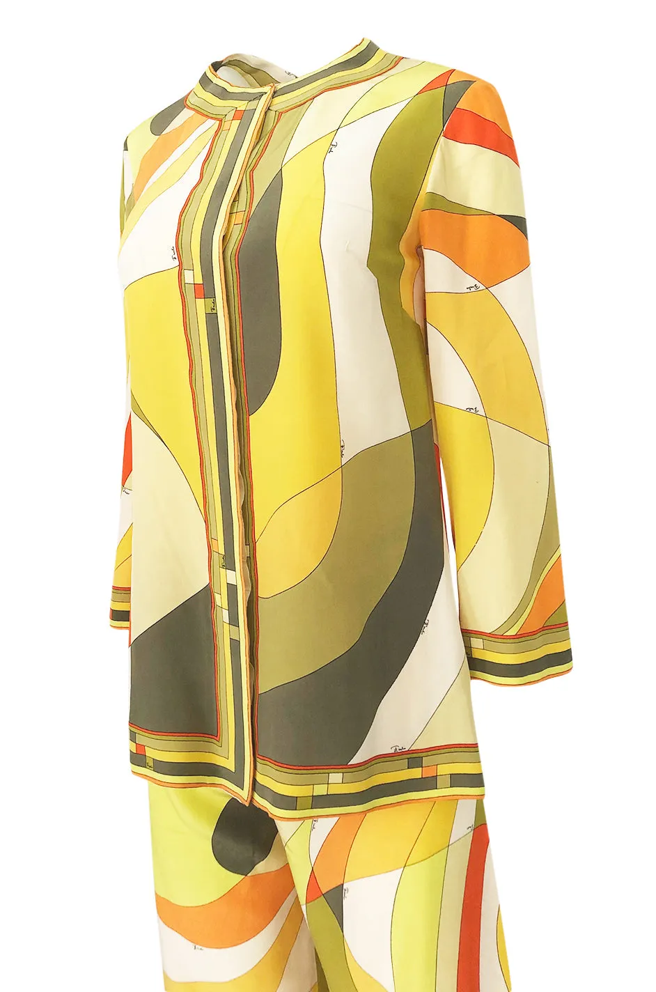 1960s Emilio Pucci Citrus Colors Silk Button Tunic Top  & Cropped Pant Set