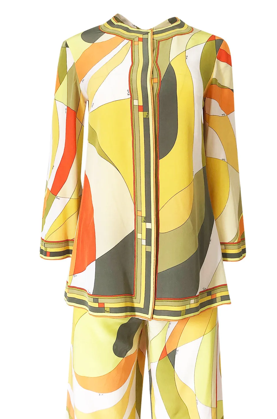 1960s Emilio Pucci Citrus Colors Silk Button Tunic Top  & Cropped Pant Set