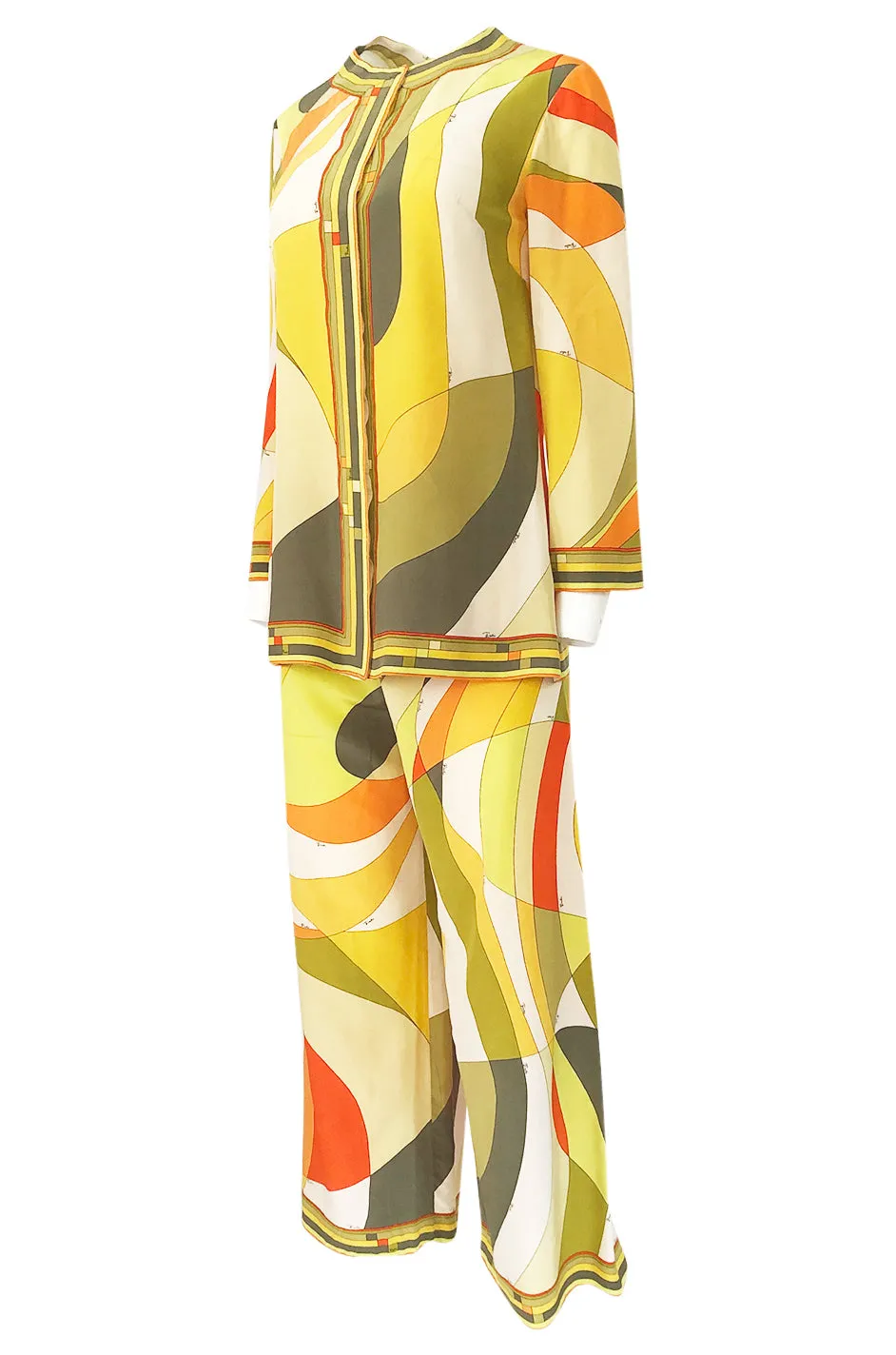 1960s Emilio Pucci Citrus Colors Silk Button Tunic Top  & Cropped Pant Set