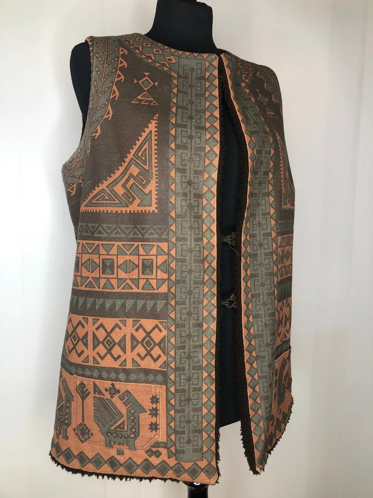 1970s Peruvian Aztec Print Tunic Gilet - Size UK 12-14