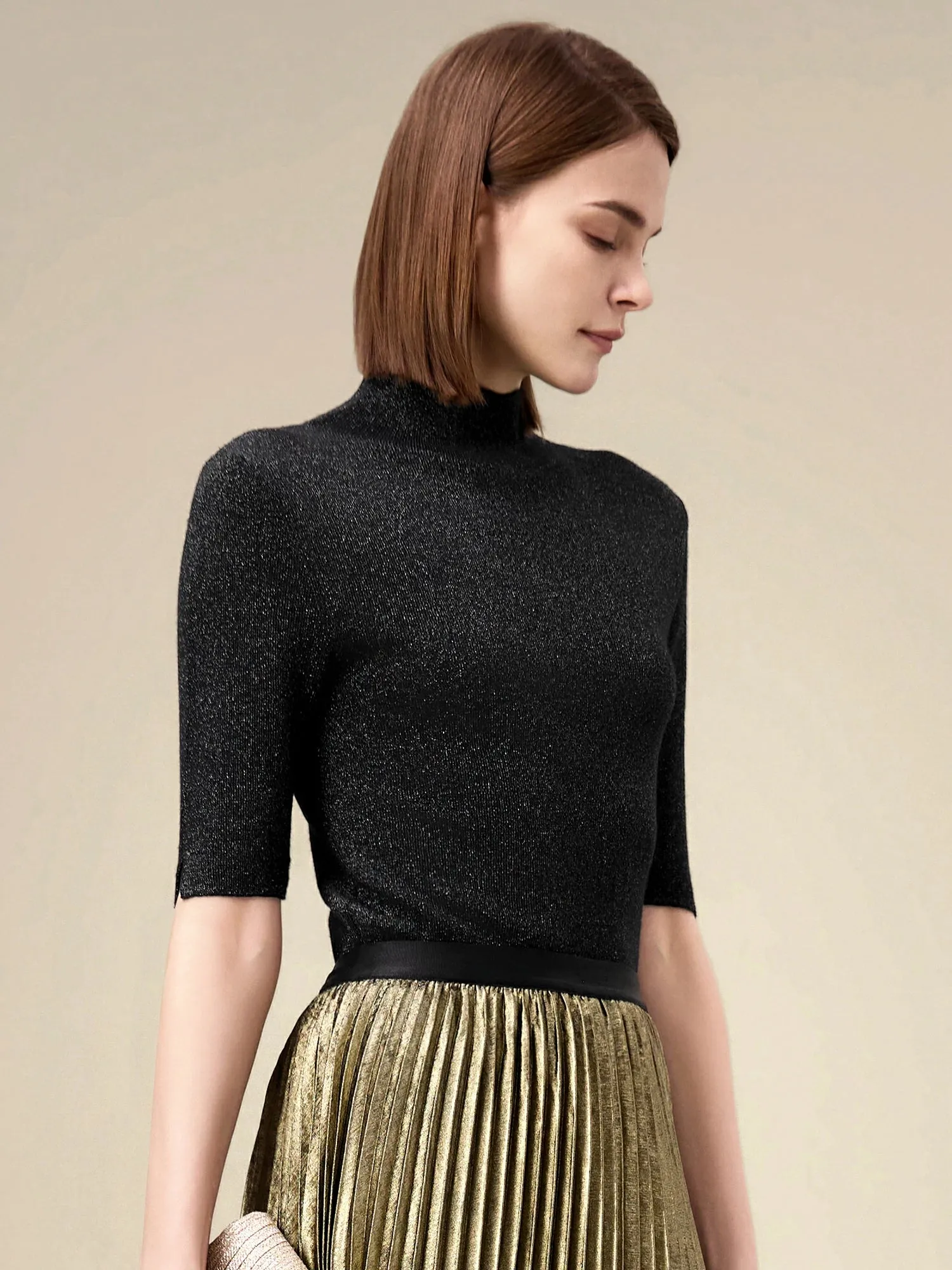 Amoretu Silver Yarn Middle Sleeve Sweater Top