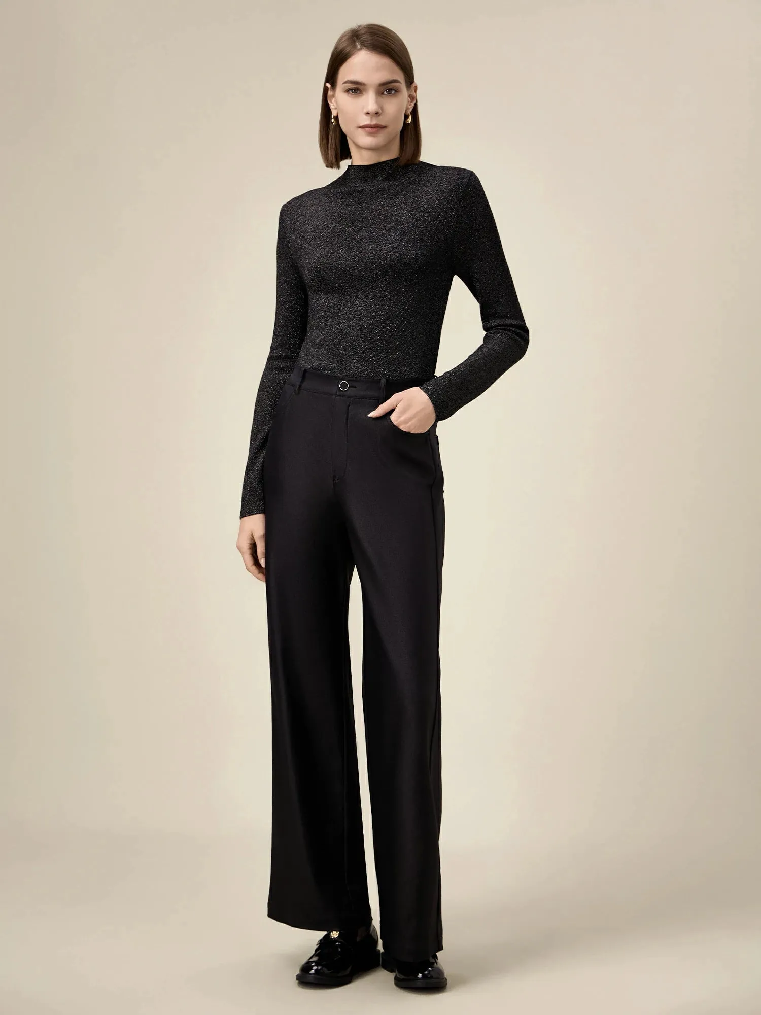 Amoretu Silver Yarn Stand Collar Sweater Top