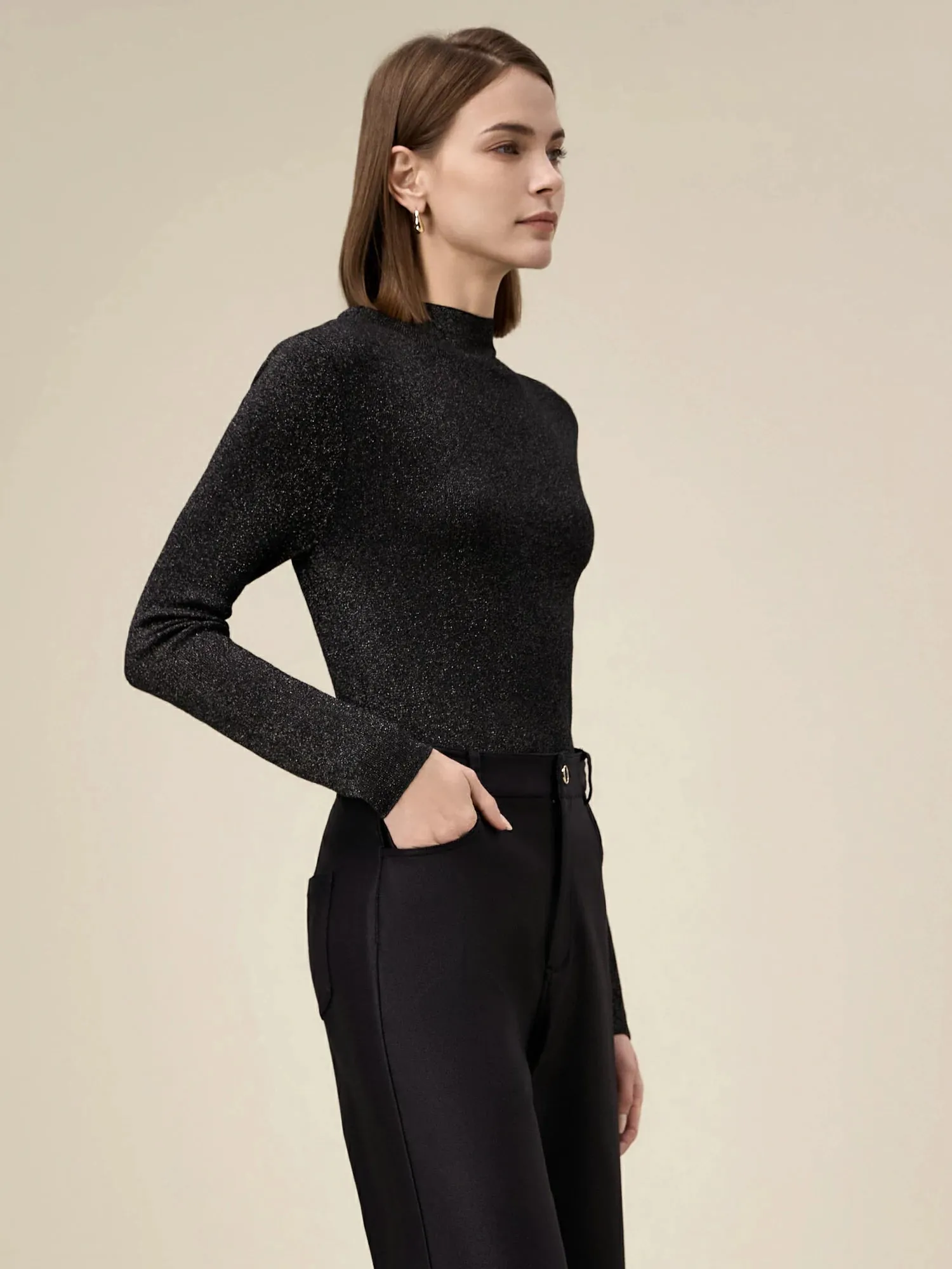 Amoretu Silver Yarn Stand Collar Sweater Top
