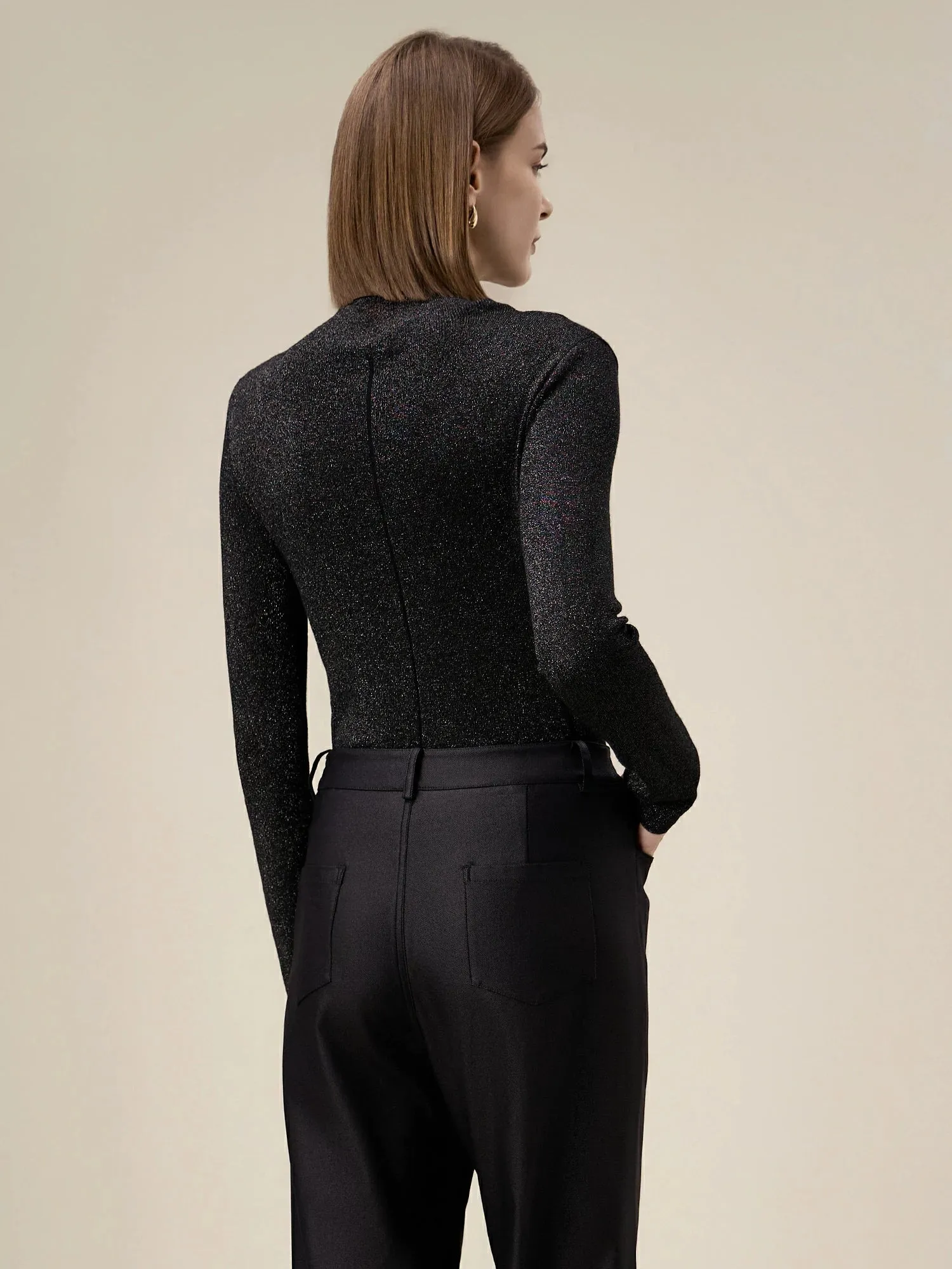 Amoretu Silver Yarn Stand Collar Sweater Top