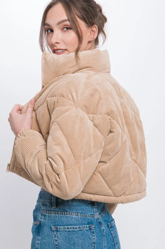 Beige Corduroy Semi-Cropped Zip Up Jacket With Pockets