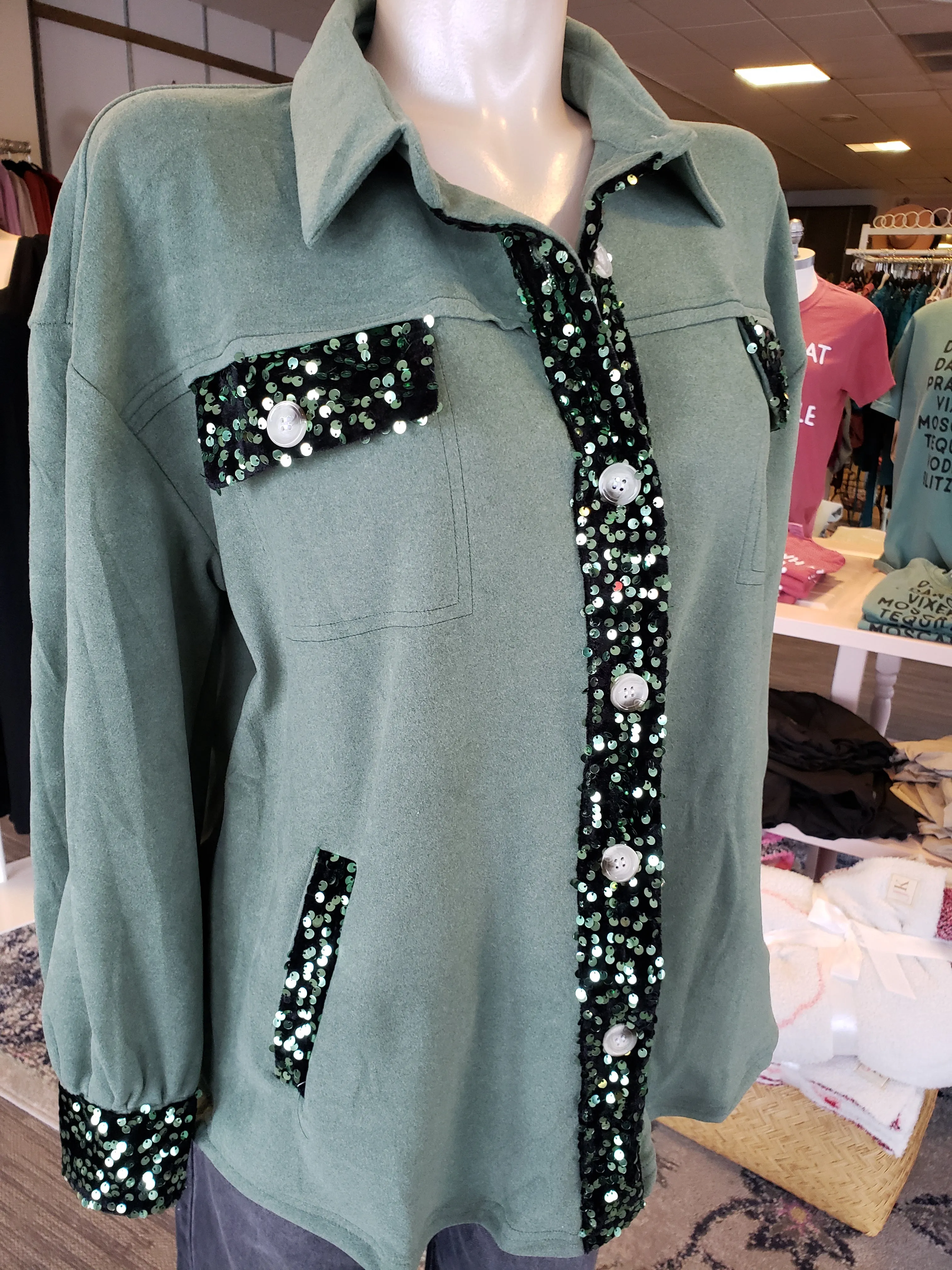 Bella Suede Sequin Shacket: Hunter Green