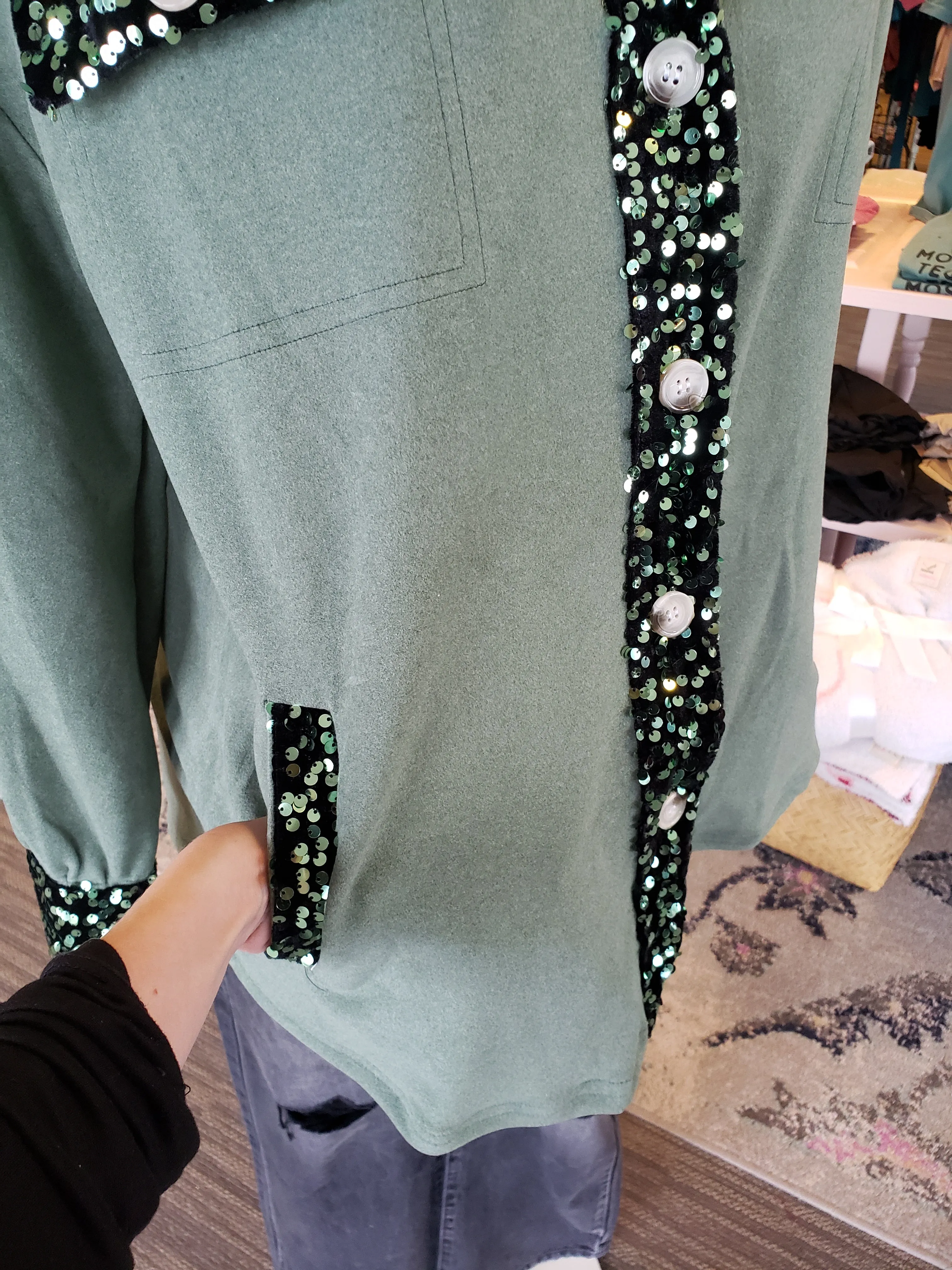 Bella Suede Sequin Shacket: Hunter Green