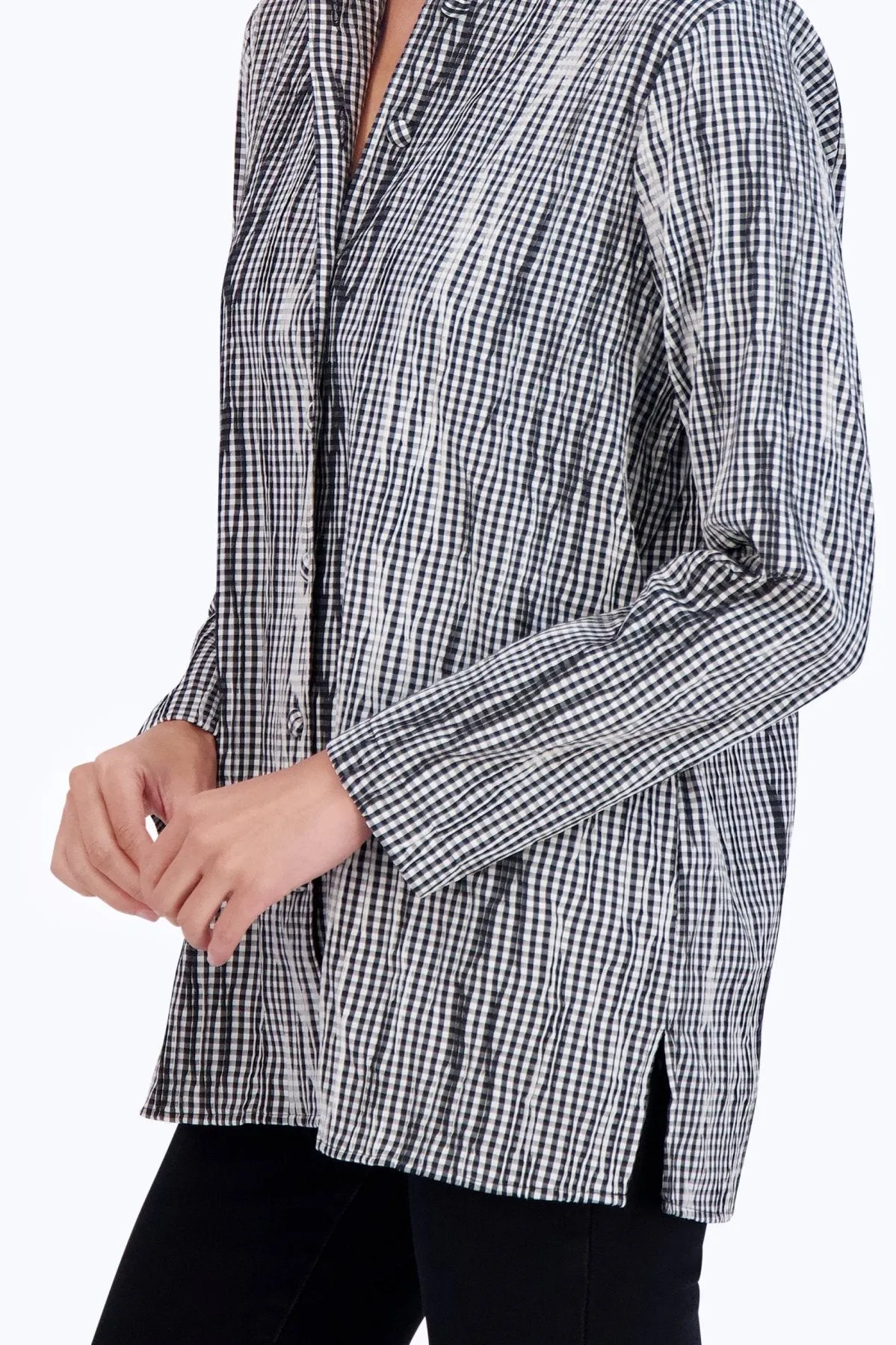 Carolina Mini Gingham Crinkle Shirt Jacket, B&W