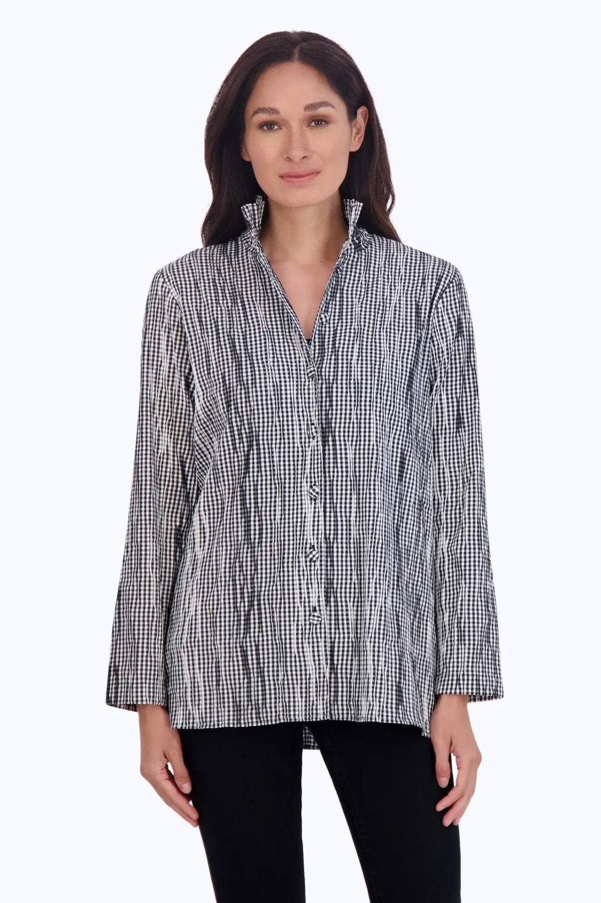 Carolina Mini Gingham Crinkle Shirt Jacket, B&W