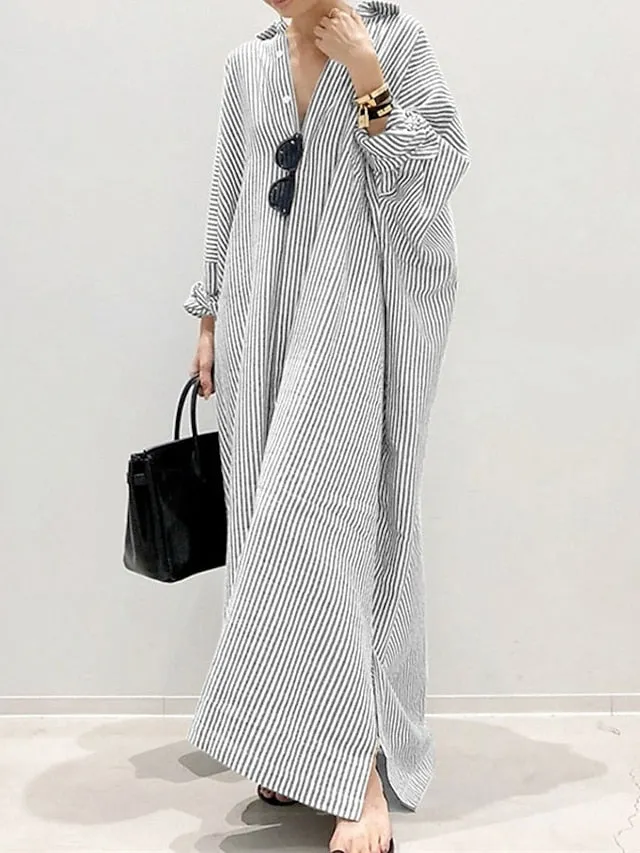 Casual Dress Cotton Dress Shift Dress Maxi long Dress Cotton Basic Casual Outdoor Winter Dress Daily Shirt Collar Button Split Long Sleeve Summer Winter Fall Spring  Black White Blue for Women