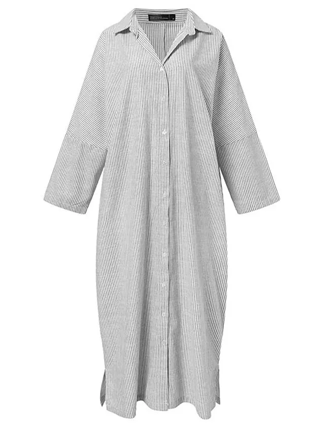 Casual Dress Cotton Dress Shift Dress Maxi long Dress Cotton Basic Casual Outdoor Winter Dress Daily Shirt Collar Button Split Long Sleeve Summer Winter Fall Spring  Black White Blue for Women
