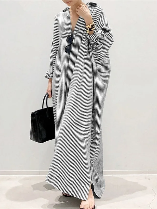 Casual Dress Cotton Dress Shift Dress Maxi long Dress Cotton Basic Casual Outdoor Winter Dress Daily Shirt Collar Button Split Long Sleeve Summer Winter Fall Spring  Black White Blue for Women
