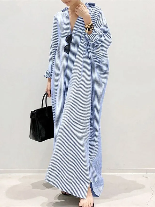 Casual Dress Cotton Dress Shift Dress Maxi long Dress Cotton Basic Casual Outdoor Winter Dress Daily Shirt Collar Button Split Long Sleeve Summer Winter Fall Spring  Black White Blue for Women