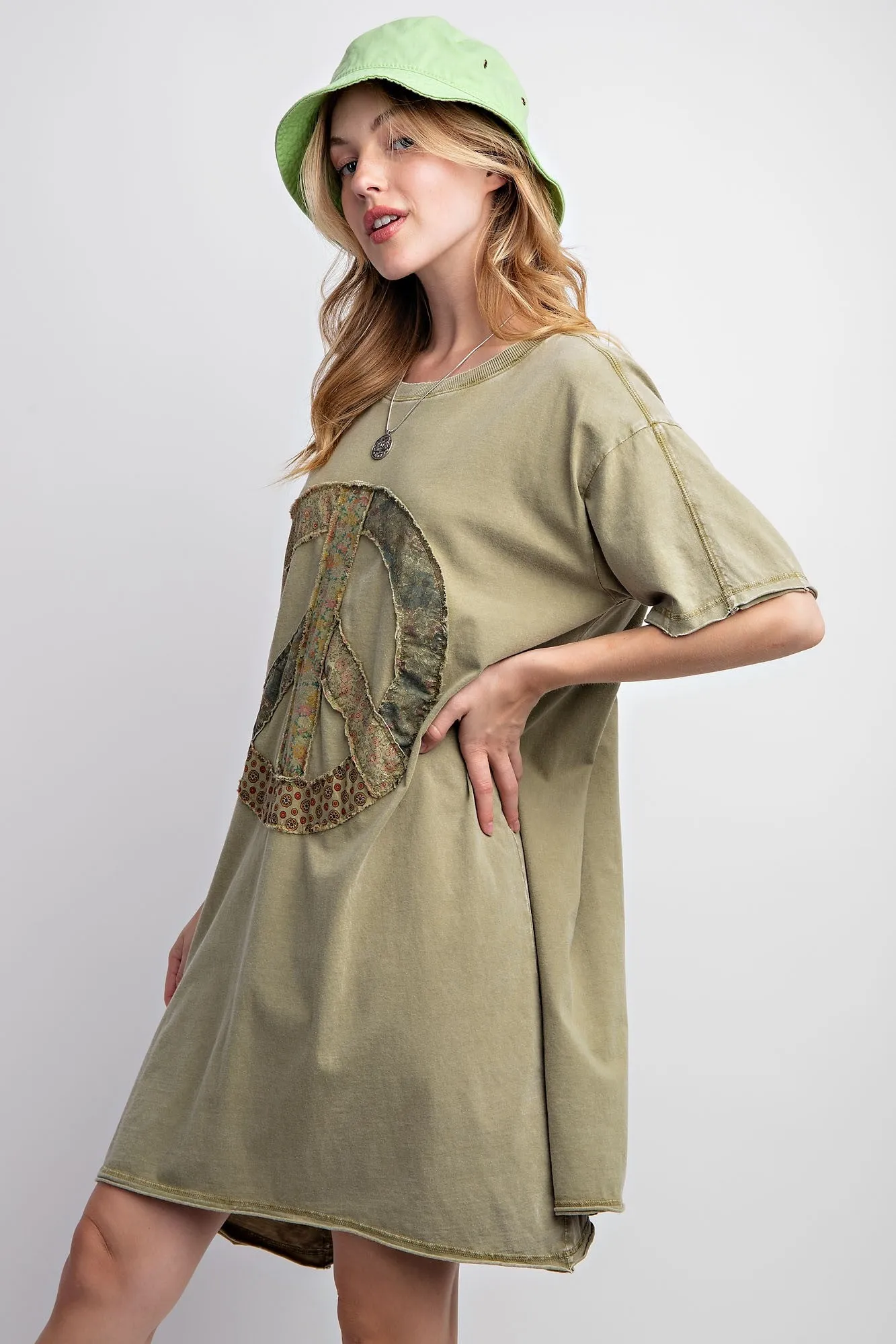 Easel Peace Patched Cotton Jersey Tunic Top in Faded Olive FINAL SALE
