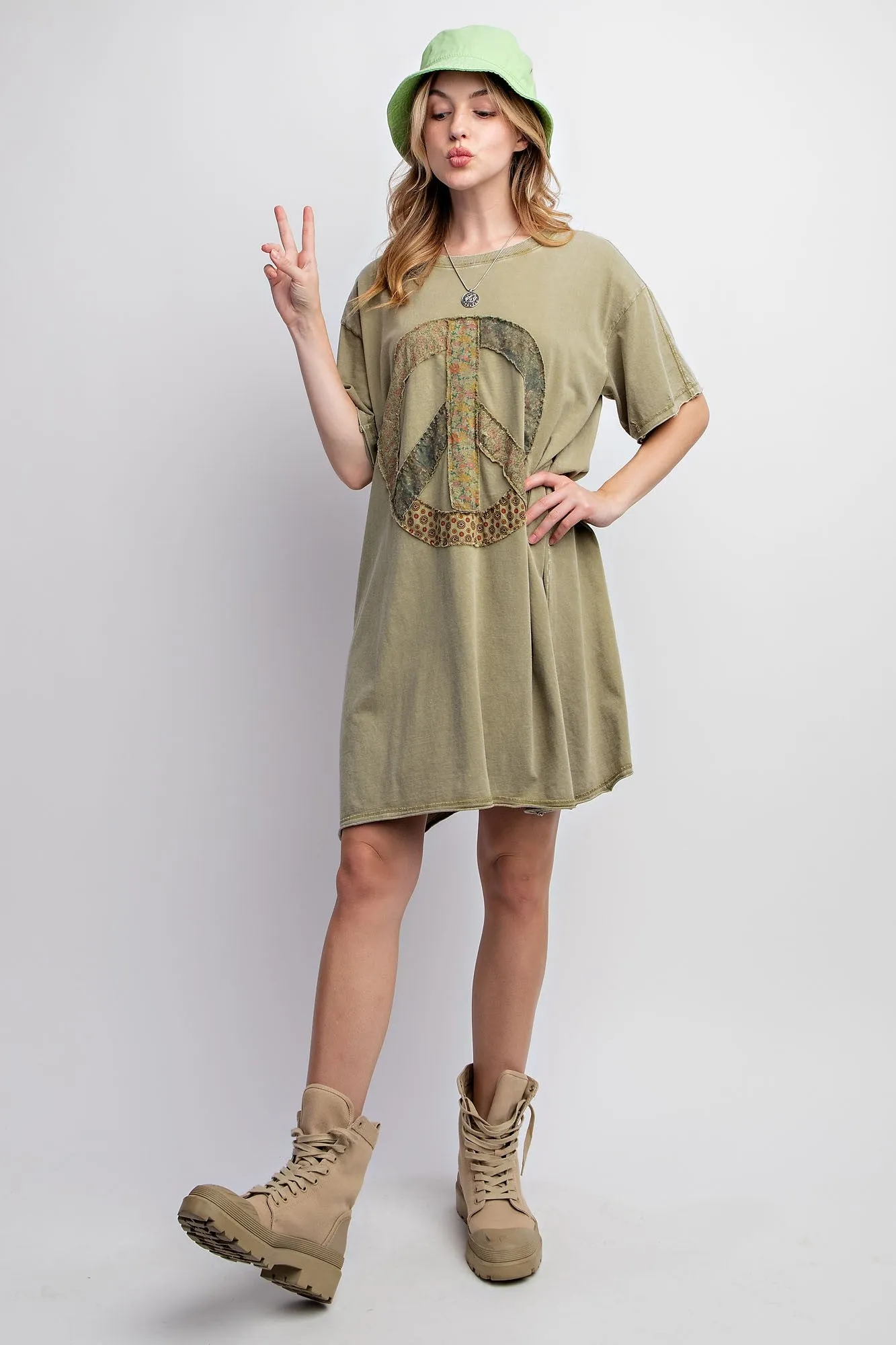 Easel Peace Patched Cotton Jersey Tunic Top in Faded Olive FINAL SALE