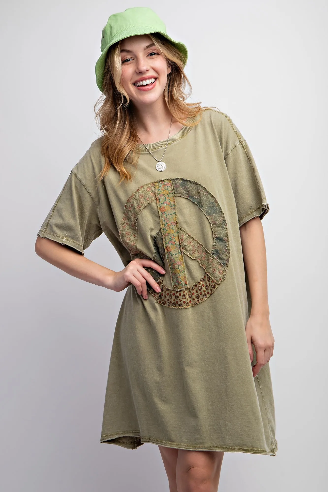 Easel Peace Patched Cotton Jersey Tunic Top in Faded Olive FINAL SALE