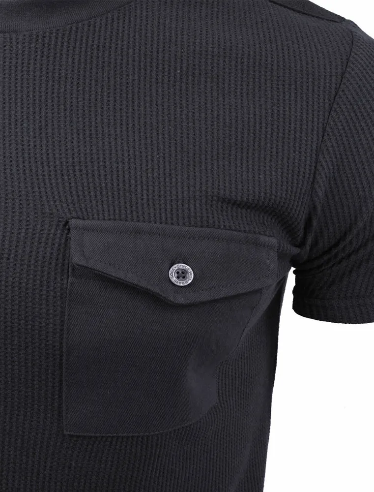 Fort Waffle Textured Short Sleeve T-Shirt with Pocket in Navy - Brave Soul