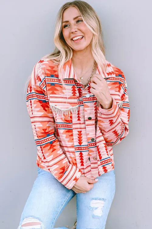 Geometric Button Up Collared Neck Jacket