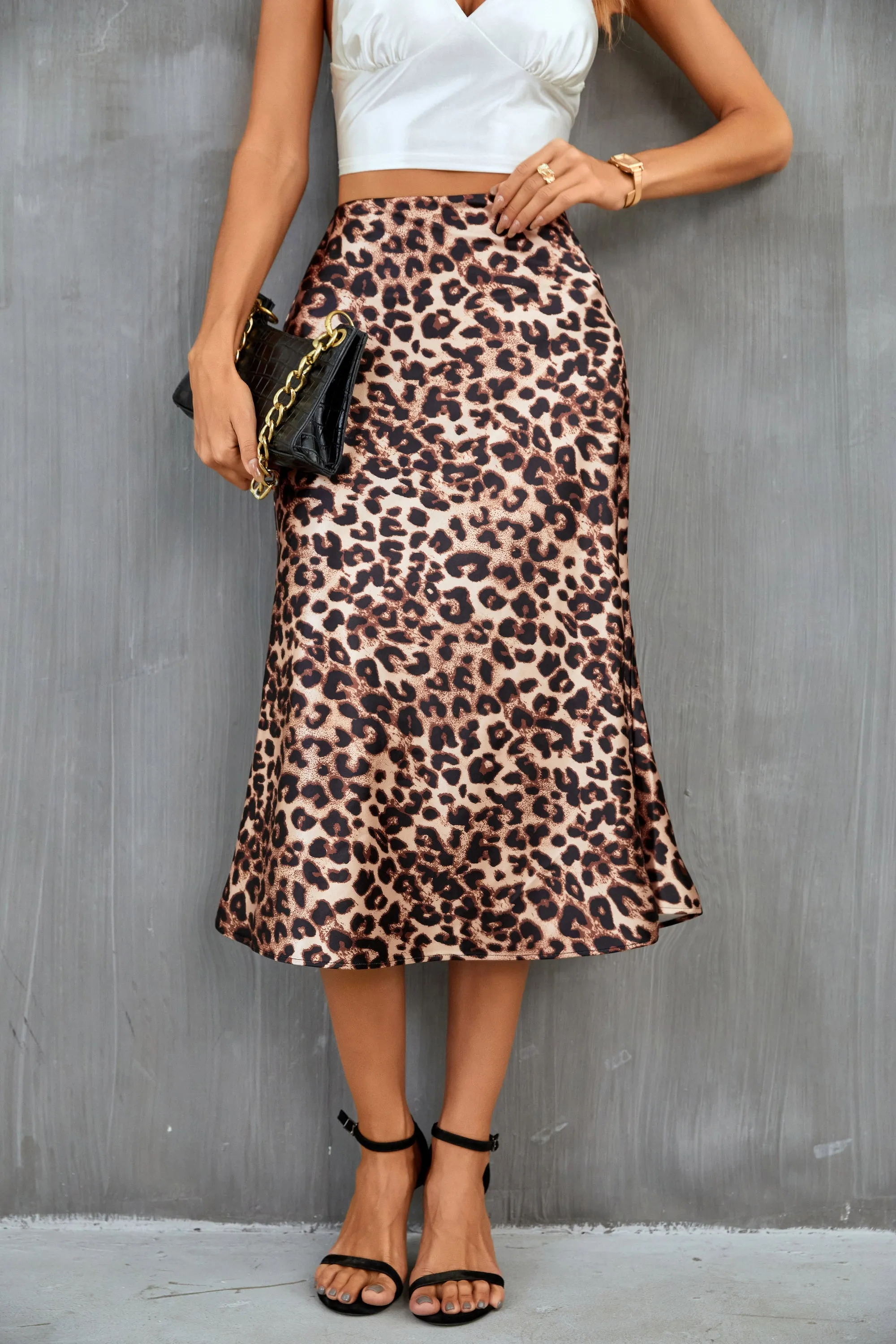 High Waist Silky Satin Fishtail Midi Skirt Leopard