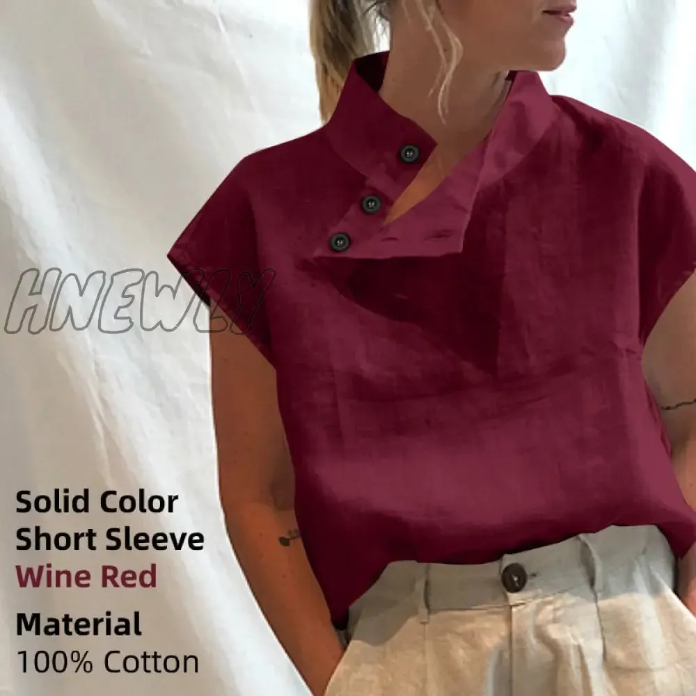 Hnewly Women Short Sleeve Blusas Summer Cotton Linen Shirts Fashion Oversized Blouses Casual Loose Camisas Solid Tunic Tops