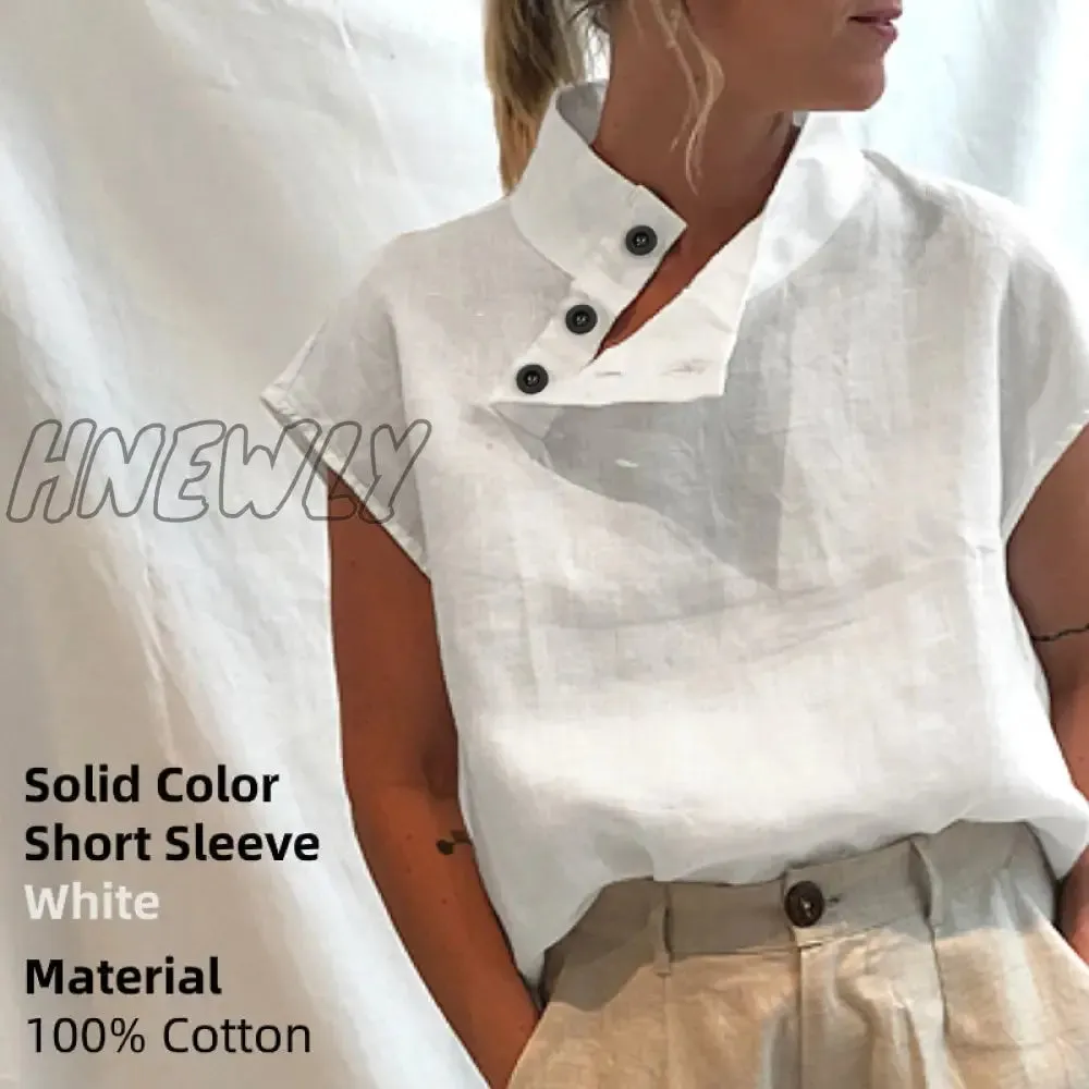 Hnewly Women Short Sleeve Blusas Summer Cotton Linen Shirts Fashion Oversized Blouses Casual Loose Camisas Solid Tunic Tops