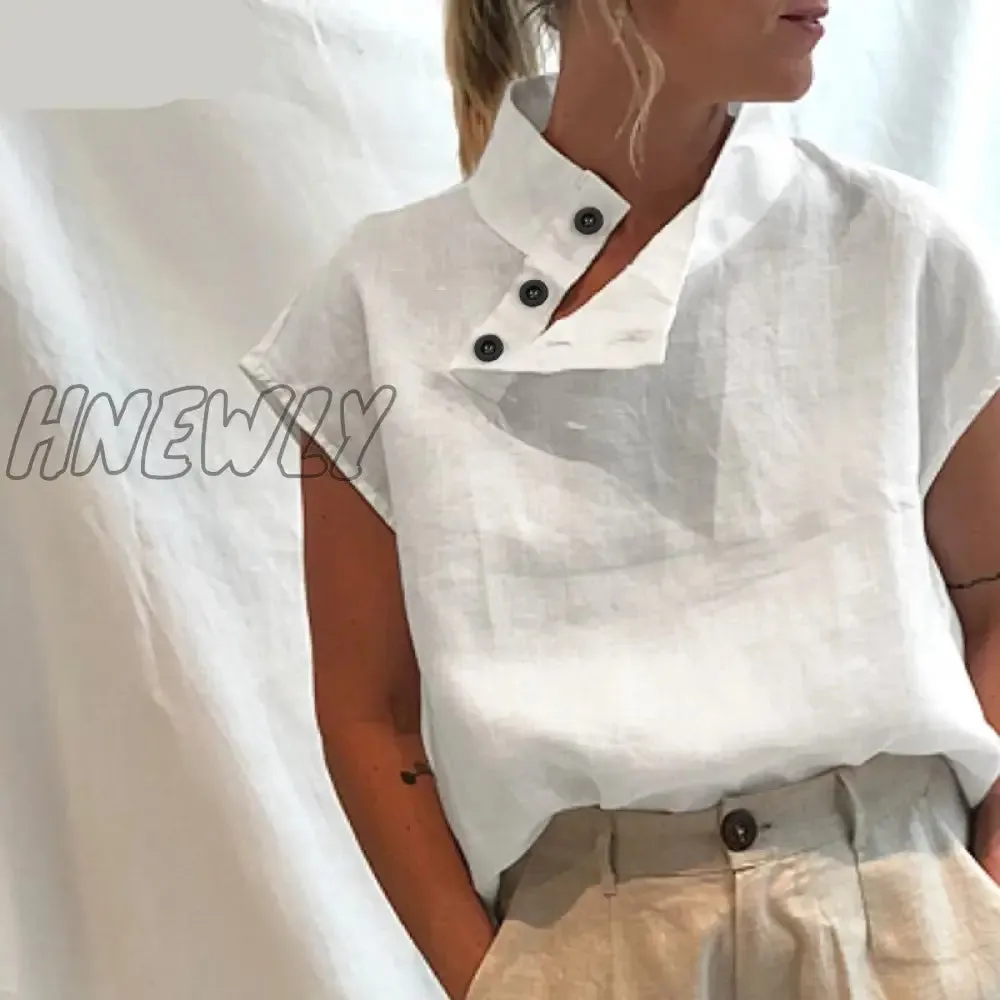 Hnewly Women Short Sleeve Blusas Summer Cotton Linen Shirts Fashion Oversized Blouses Casual Loose Camisas Solid Tunic Tops