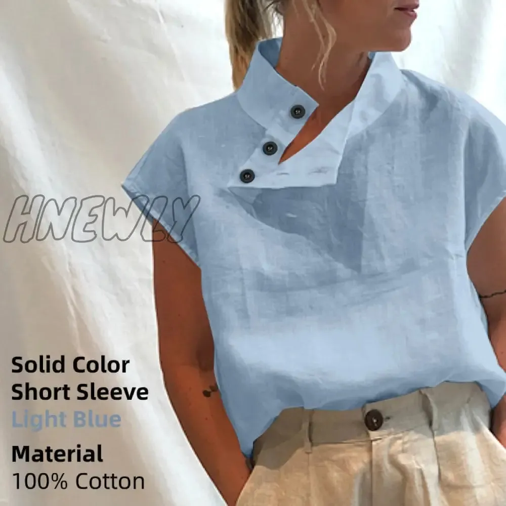 Hnewly Women Short Sleeve Blusas Summer Cotton Linen Shirts Fashion Oversized Blouses Casual Loose Camisas Solid Tunic Tops