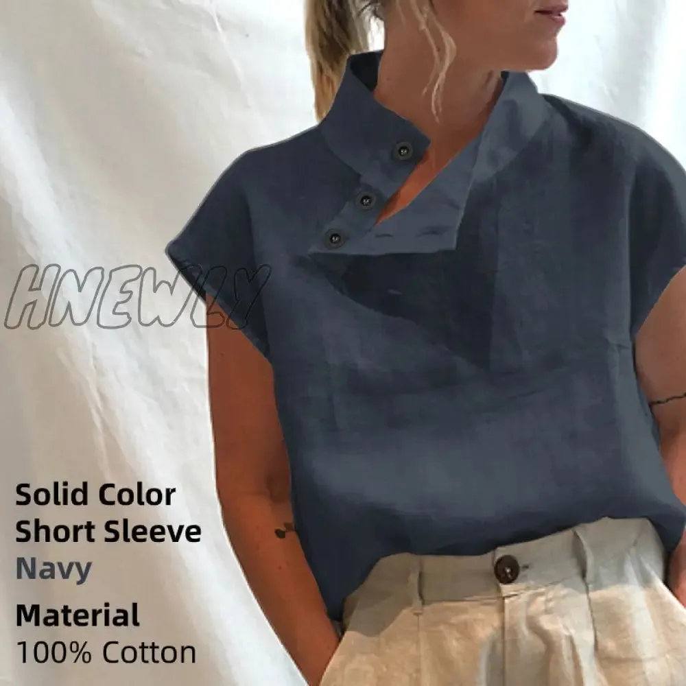 Hnewly Women Short Sleeve Blusas Summer Cotton Linen Shirts Fashion Oversized Blouses Casual Loose Camisas Solid Tunic Tops