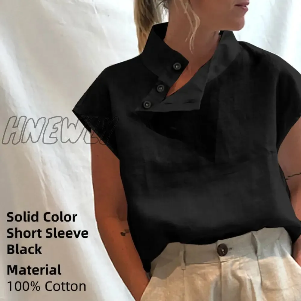 Hnewly Women Short Sleeve Blusas Summer Cotton Linen Shirts Fashion Oversized Blouses Casual Loose Camisas Solid Tunic Tops
