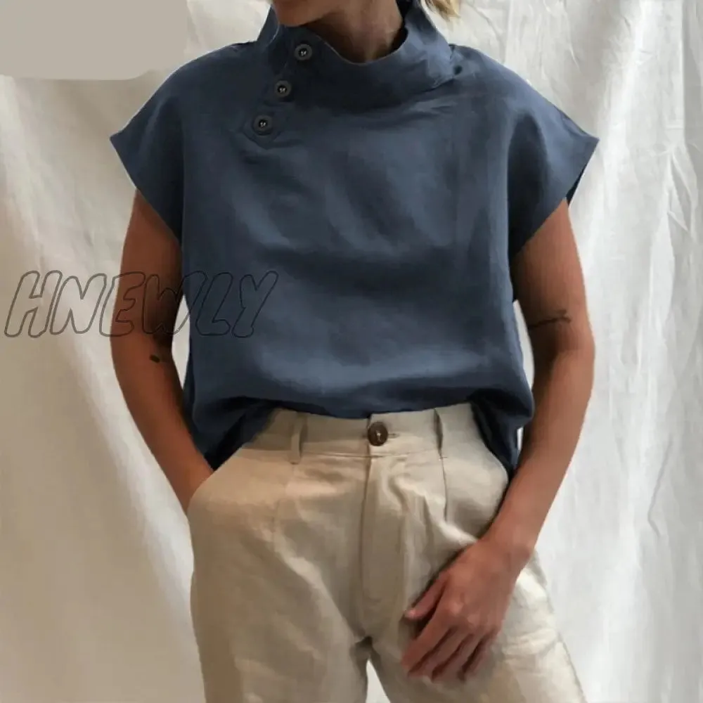 Hnewly Women Short Sleeve Blusas Summer Cotton Linen Shirts Fashion Oversized Blouses Casual Loose Camisas Solid Tunic Tops