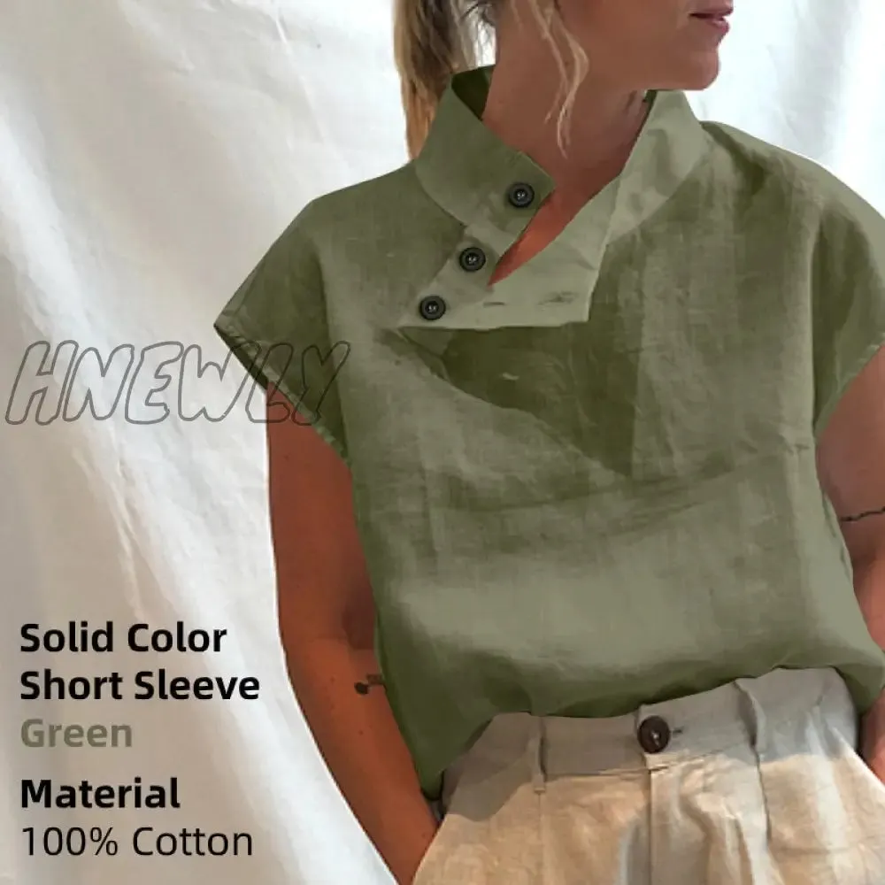 Hnewly Women Short Sleeve Blusas Summer Cotton Linen Shirts Fashion Oversized Blouses Casual Loose Camisas Solid Tunic Tops