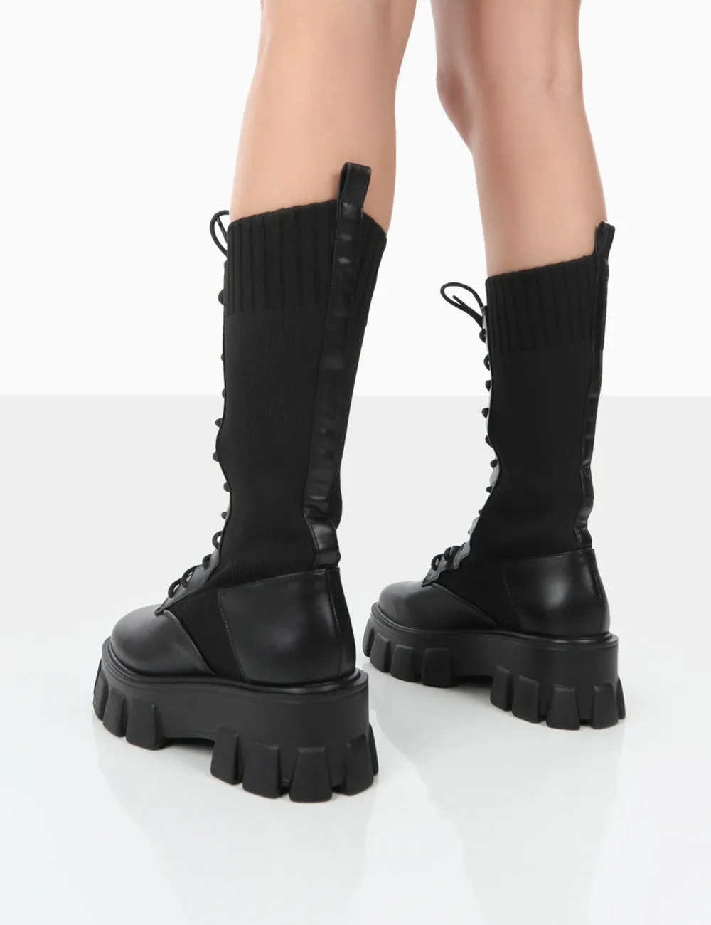 Hudson Black PU Lace Up Chunky Knee High Boots