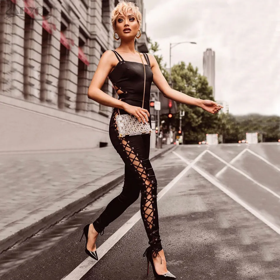 Jumpsuits Romper Black Spaghetti Strap Sexy Hollow Out Backless Full Length Bodysuit