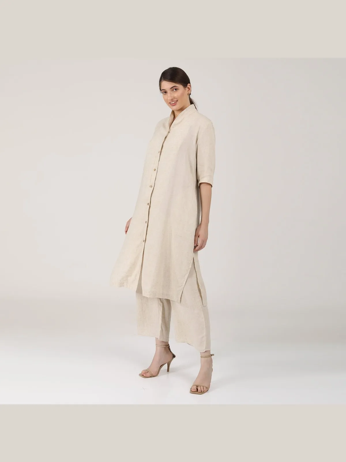 Linen Solid Long Shirt with Wide Leg Pant Co-ord Set