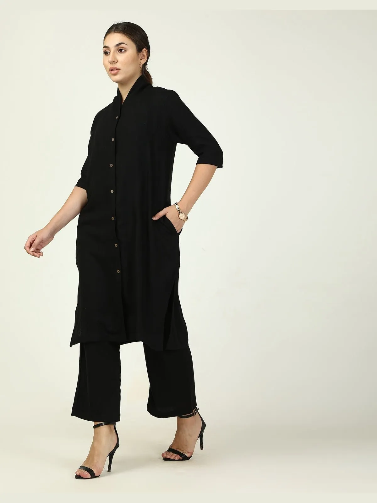 Linen Solid Long Shirt with Wide Leg Pant Co-ord Set