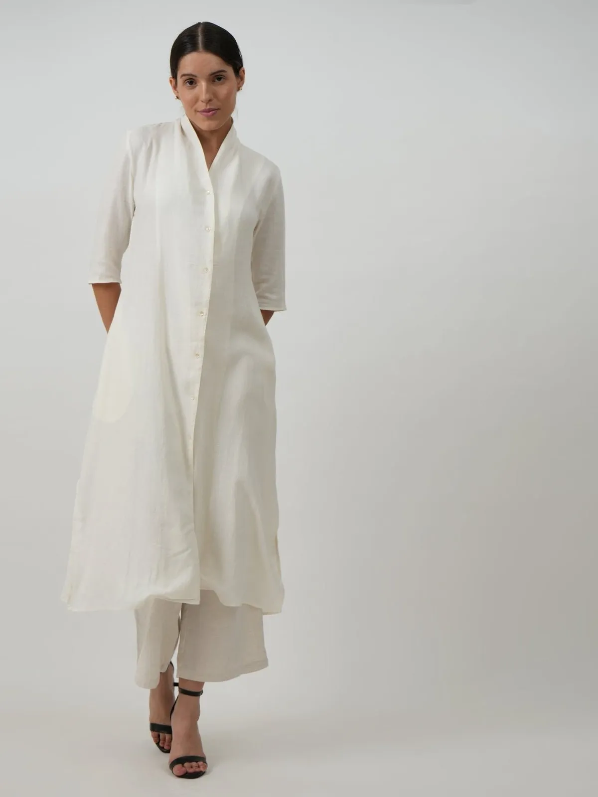 Linen Solid Long Shirt with Wide Leg Pant Co-ord Set