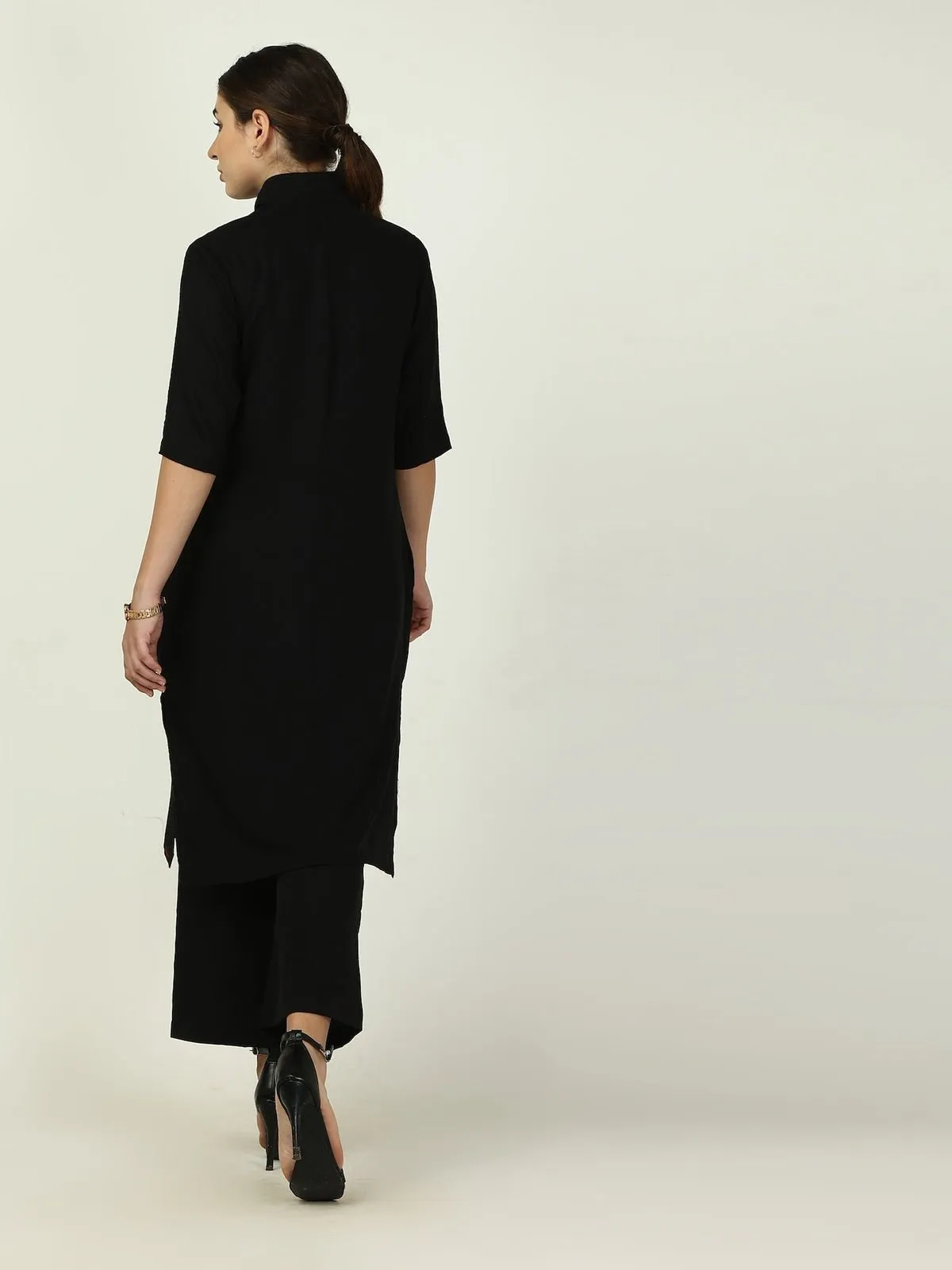 Linen Solid Long Shirt with Wide Leg Pant Co-ord Set