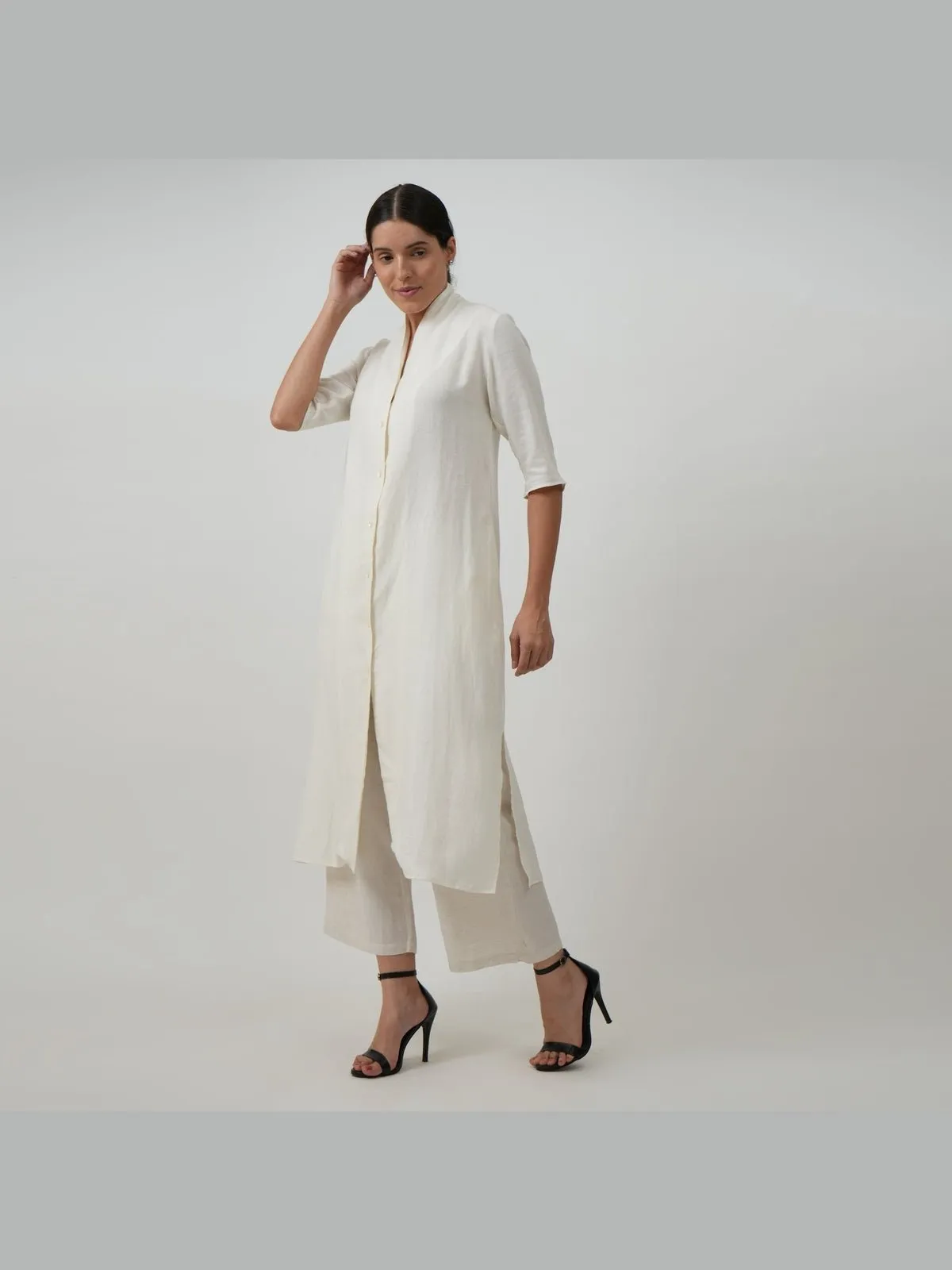 Linen Solid Long Shirt with Wide Leg Pant Co-ord Set