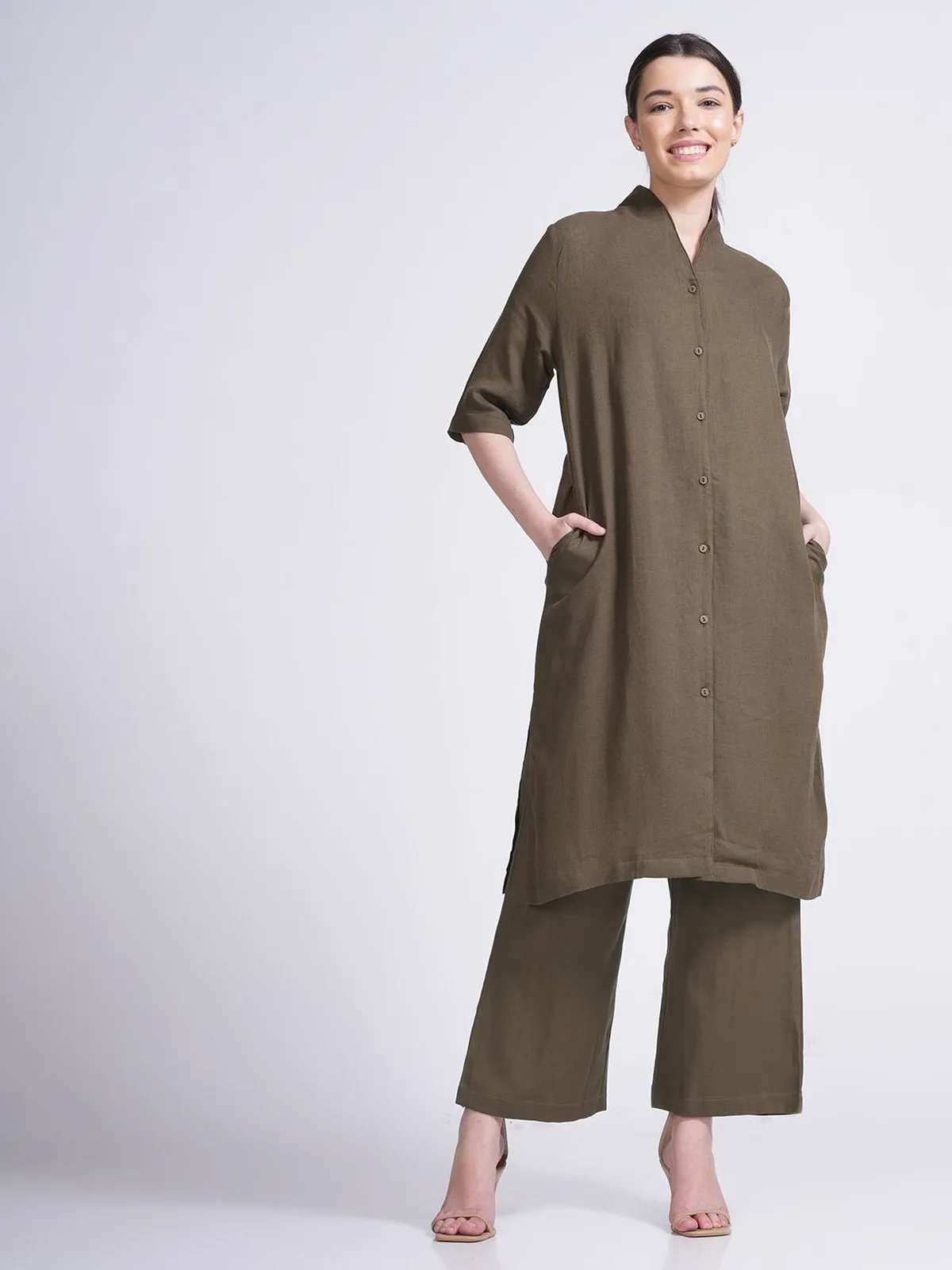 Linen Solid Long Shirt with Wide Leg Pant Co-ord Set