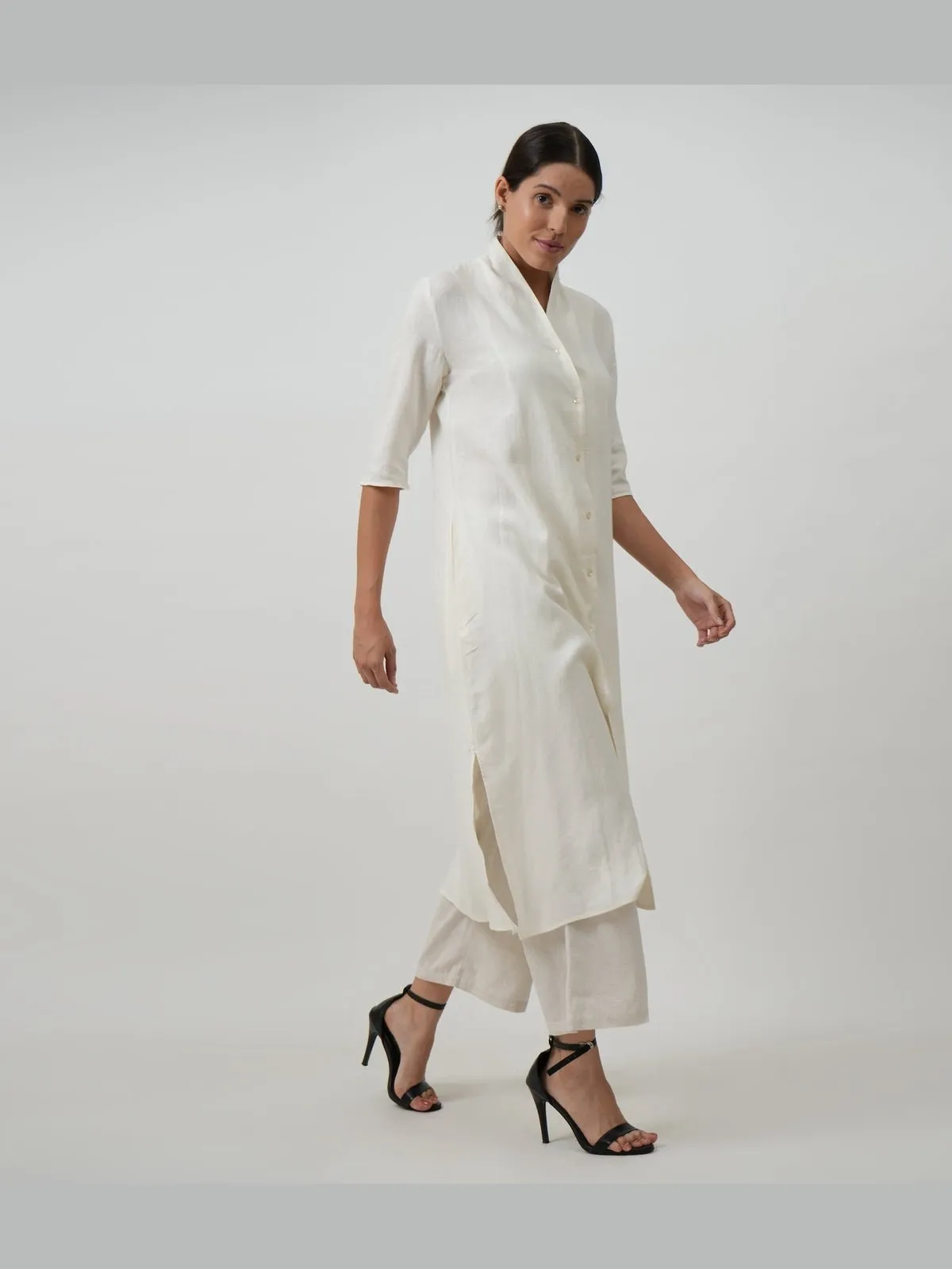 Linen Solid Long Shirt with Wide Leg Pant Co-ord Set