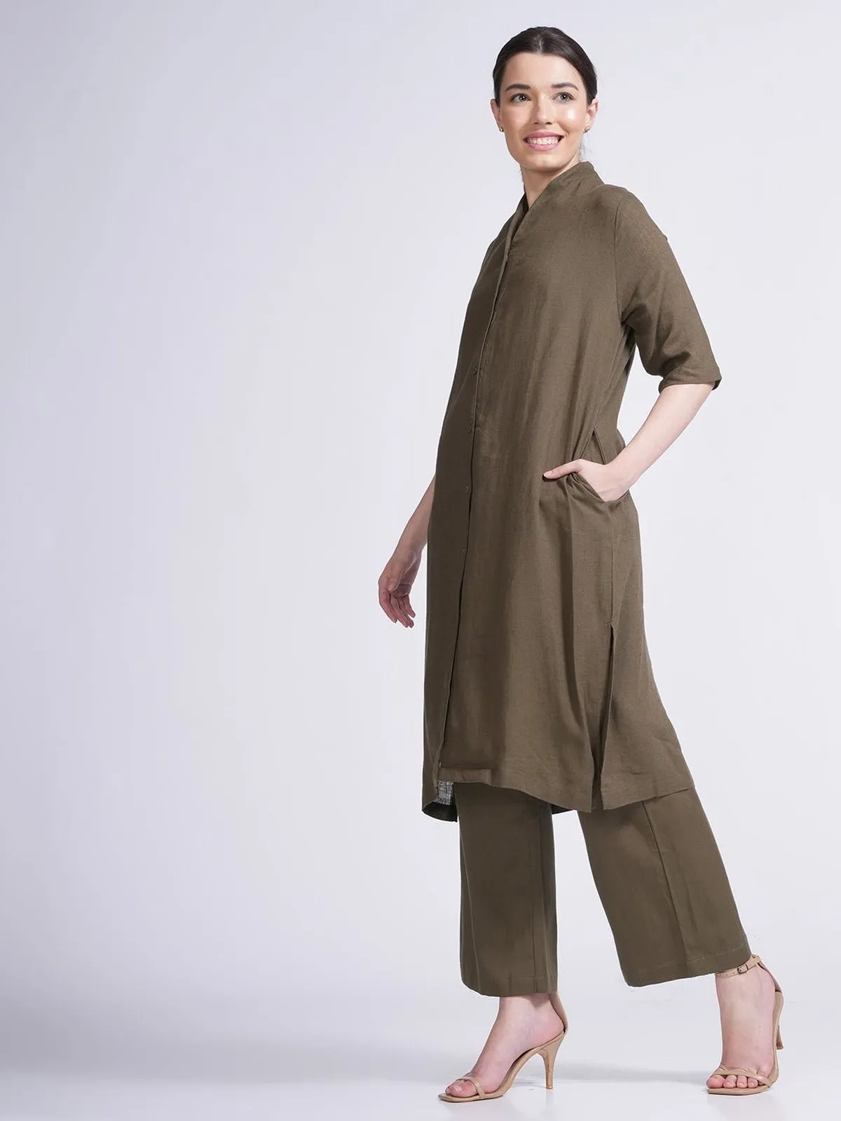 Linen Solid Long Shirt with Wide Leg Pant Co-ord Set