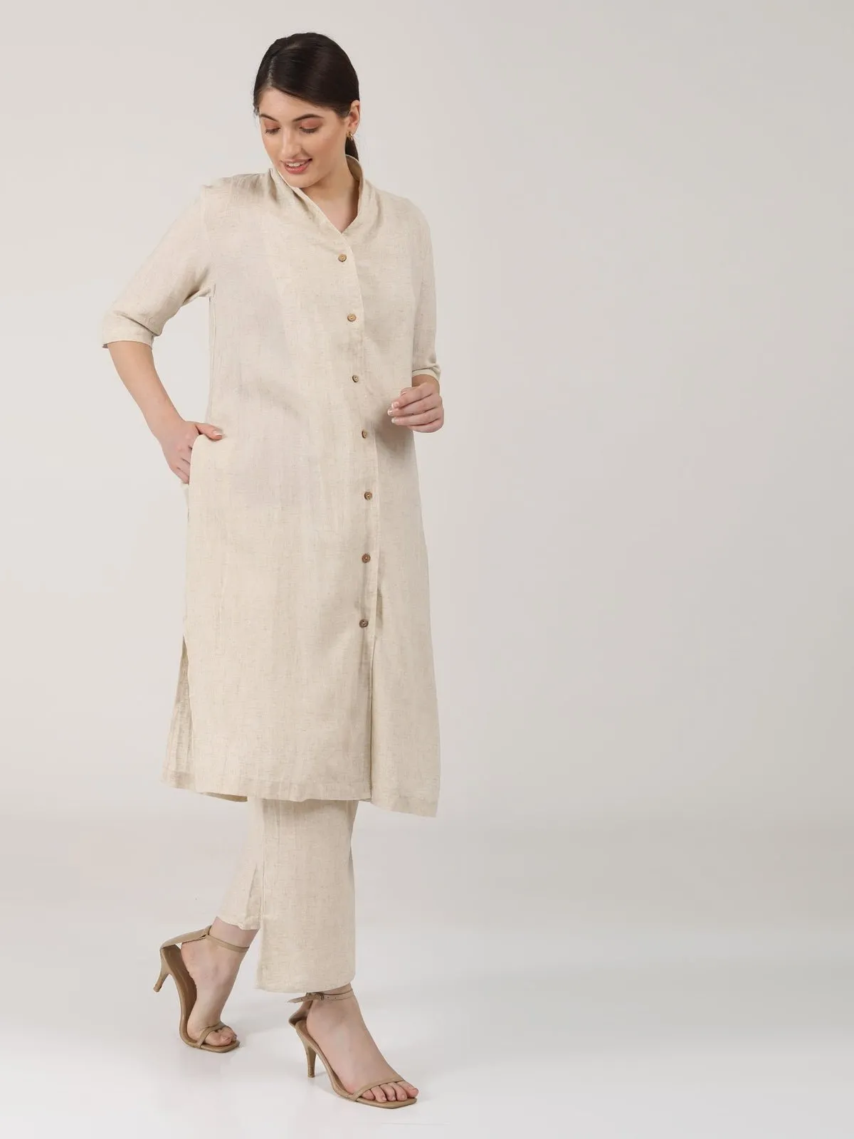 Linen Solid Long Shirt with Wide Leg Pant Co-ord Set