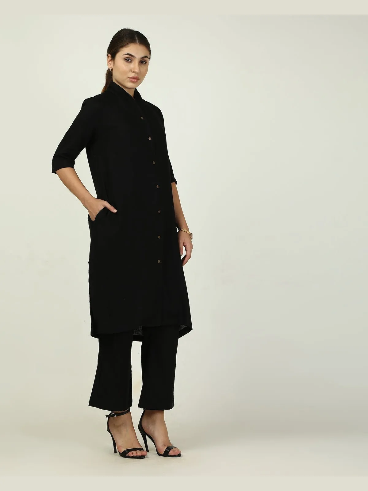 Linen Solid Long Shirt with Wide Leg Pant Co-ord Set