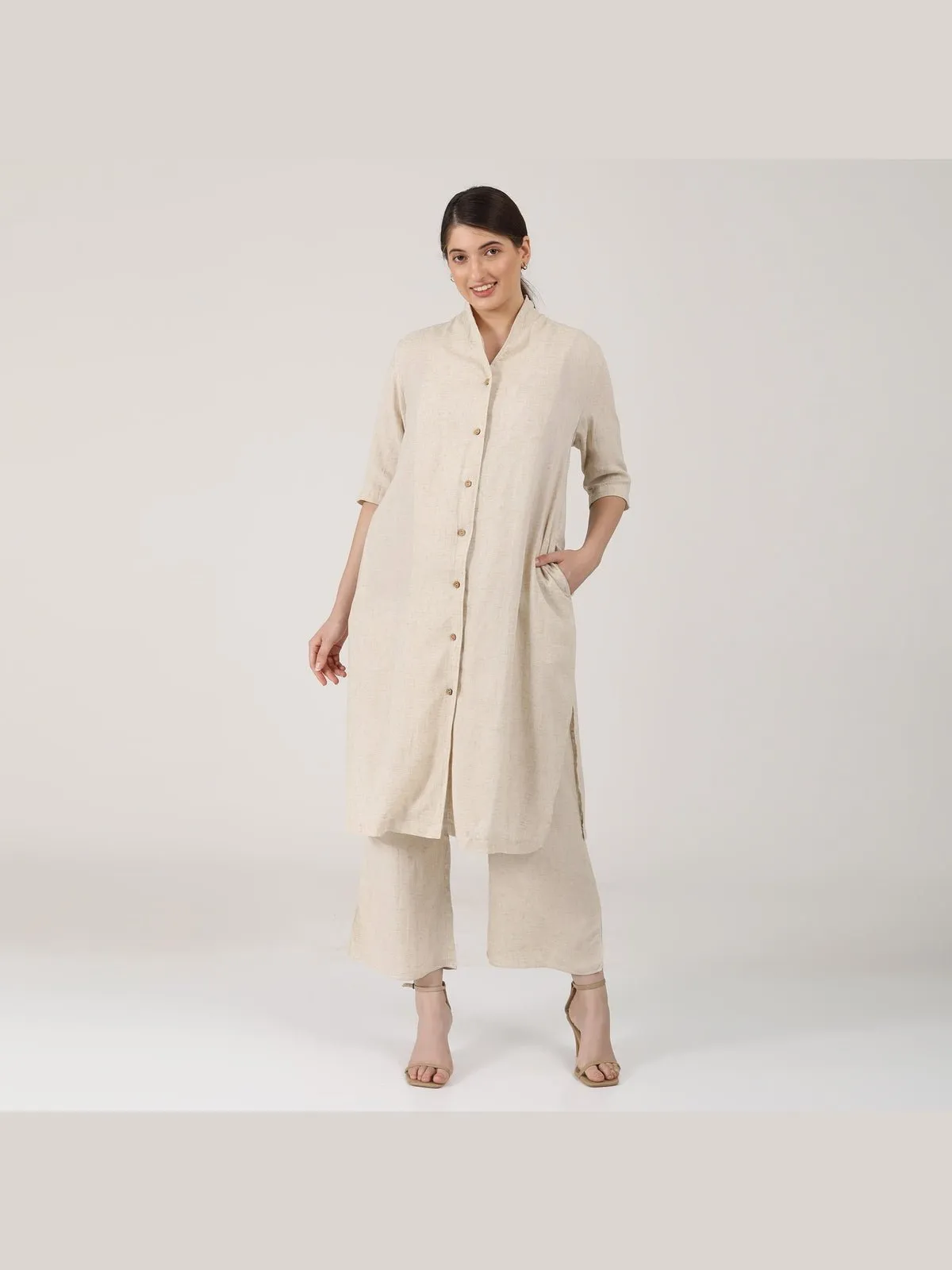 Linen Solid Long Shirt with Wide Leg Pant Co-ord Set