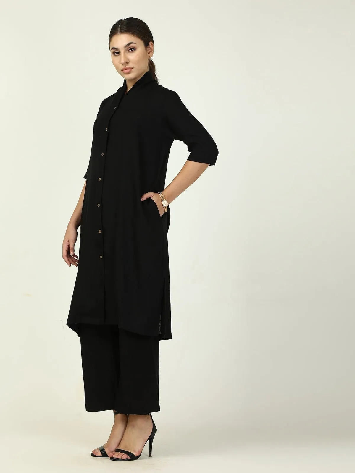 Linen Solid Long Shirt with Wide Leg Pant Co-ord Set
