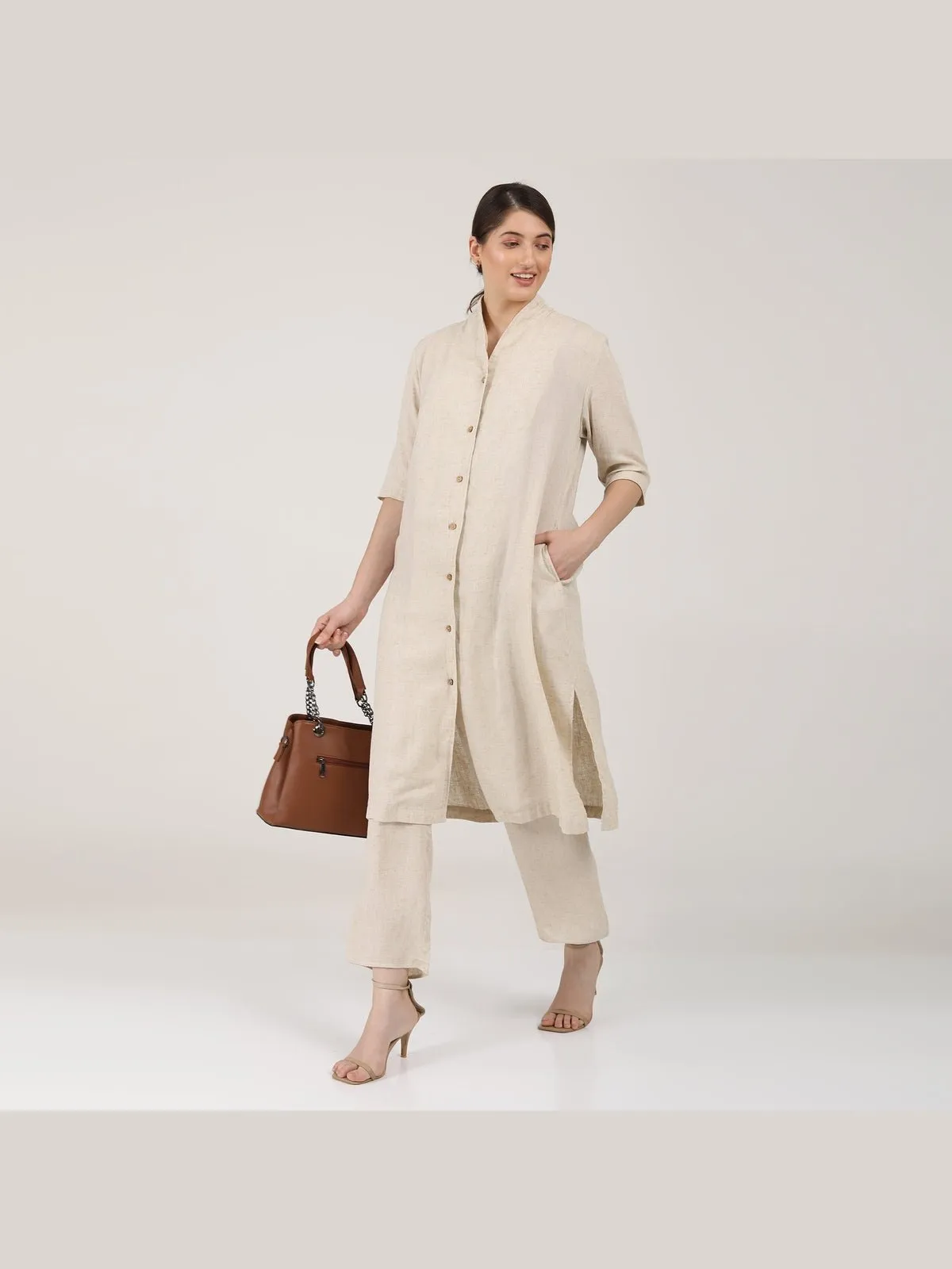 Linen Solid Long Shirt with Wide Leg Pant Co-ord Set