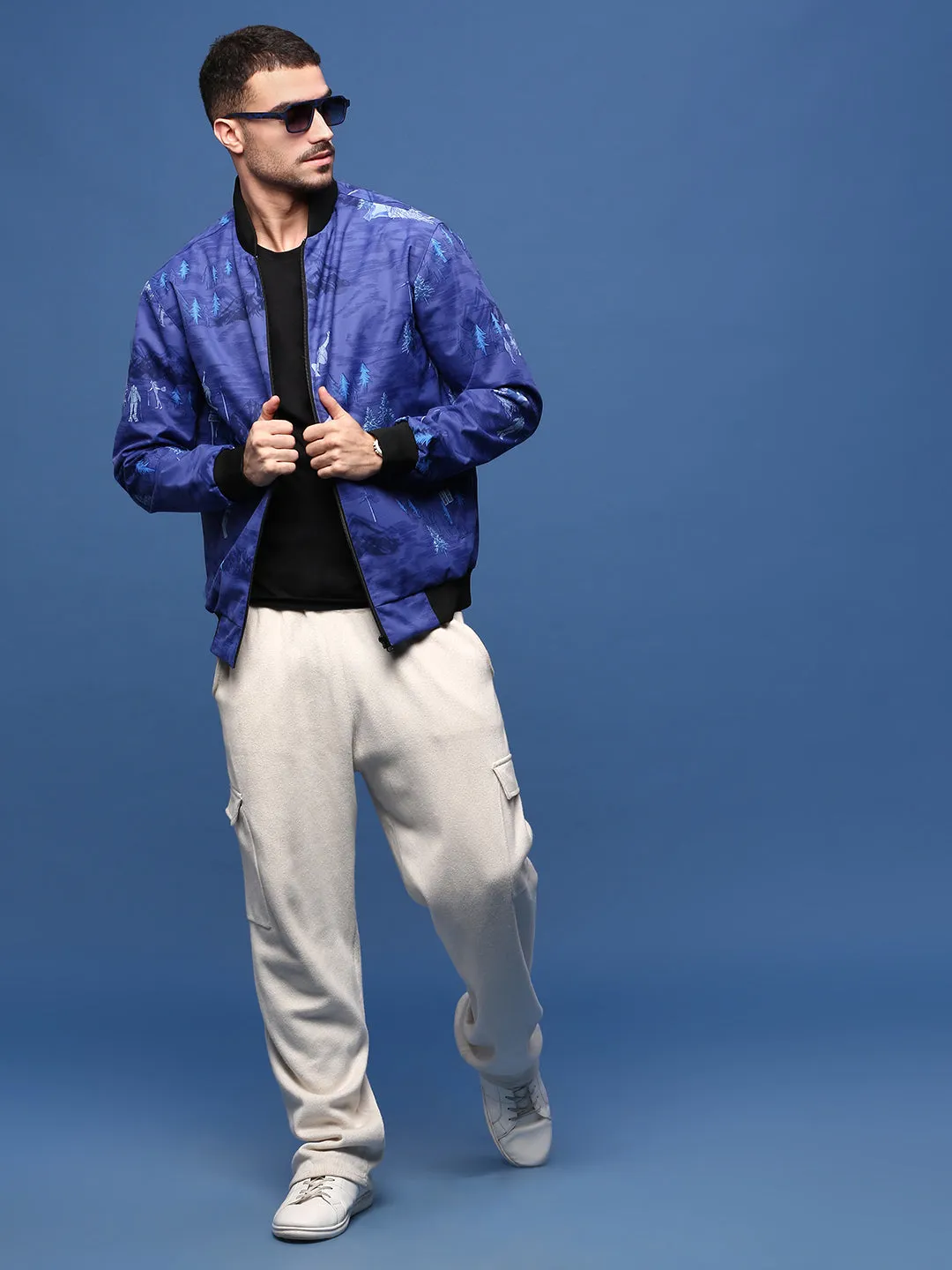 Men Graphic Blue Bomber Jacket