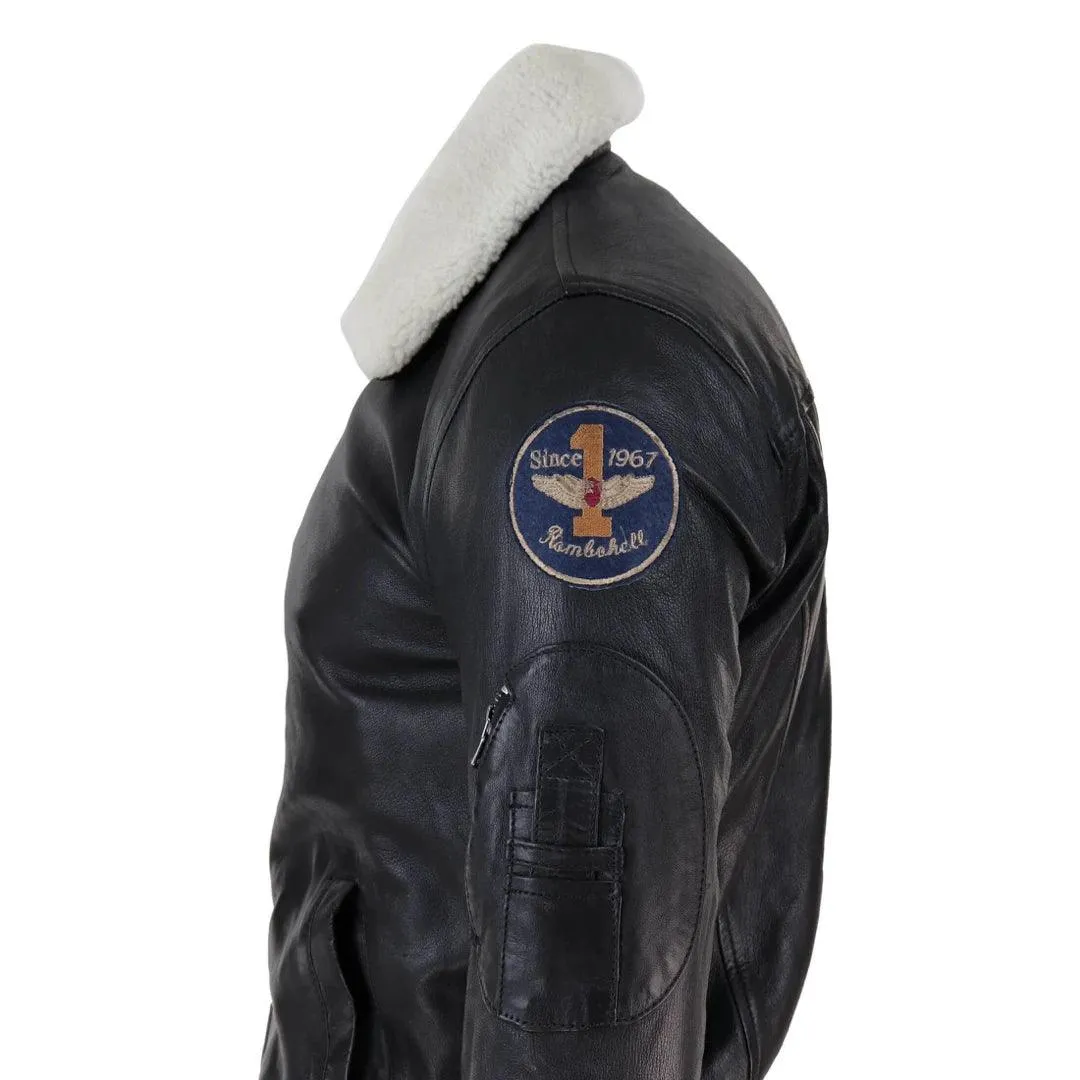 Mens Black Real Leather Pilot Jacket Bomber Air Force Aviator White Fur Collar