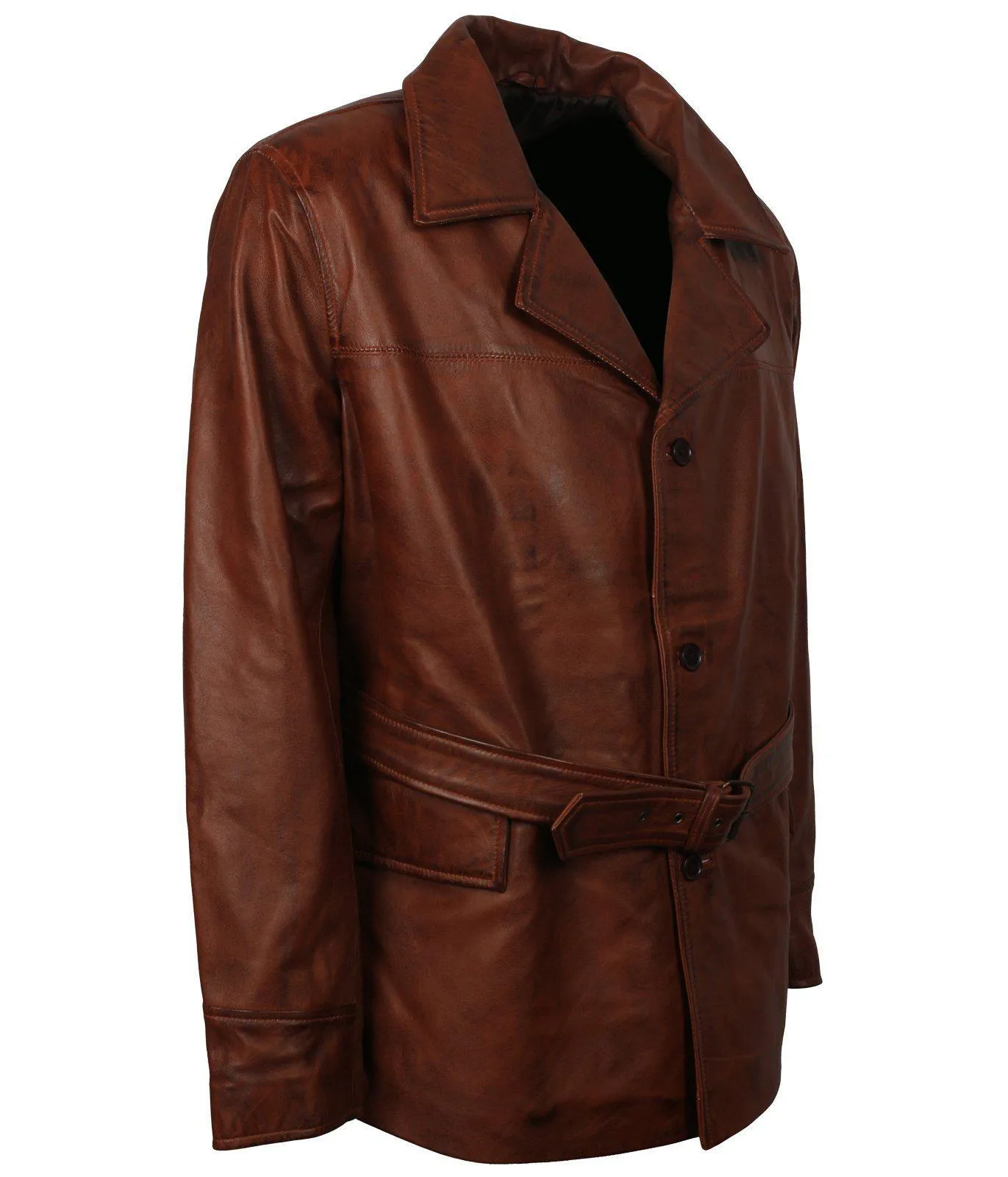 Men's Brown Leather Trench Coat with Belt Stylish Long Jacket